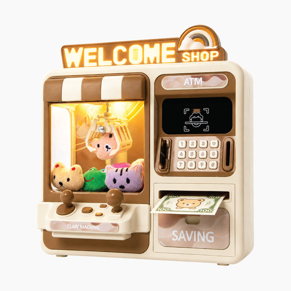 Artikl 2-in-1 Claw Machine & ATM Piggy Bank for Kids, featuring a mini claw machine with plush prizes beside an ATM bank with a keypad, under a Welcome Shop sign