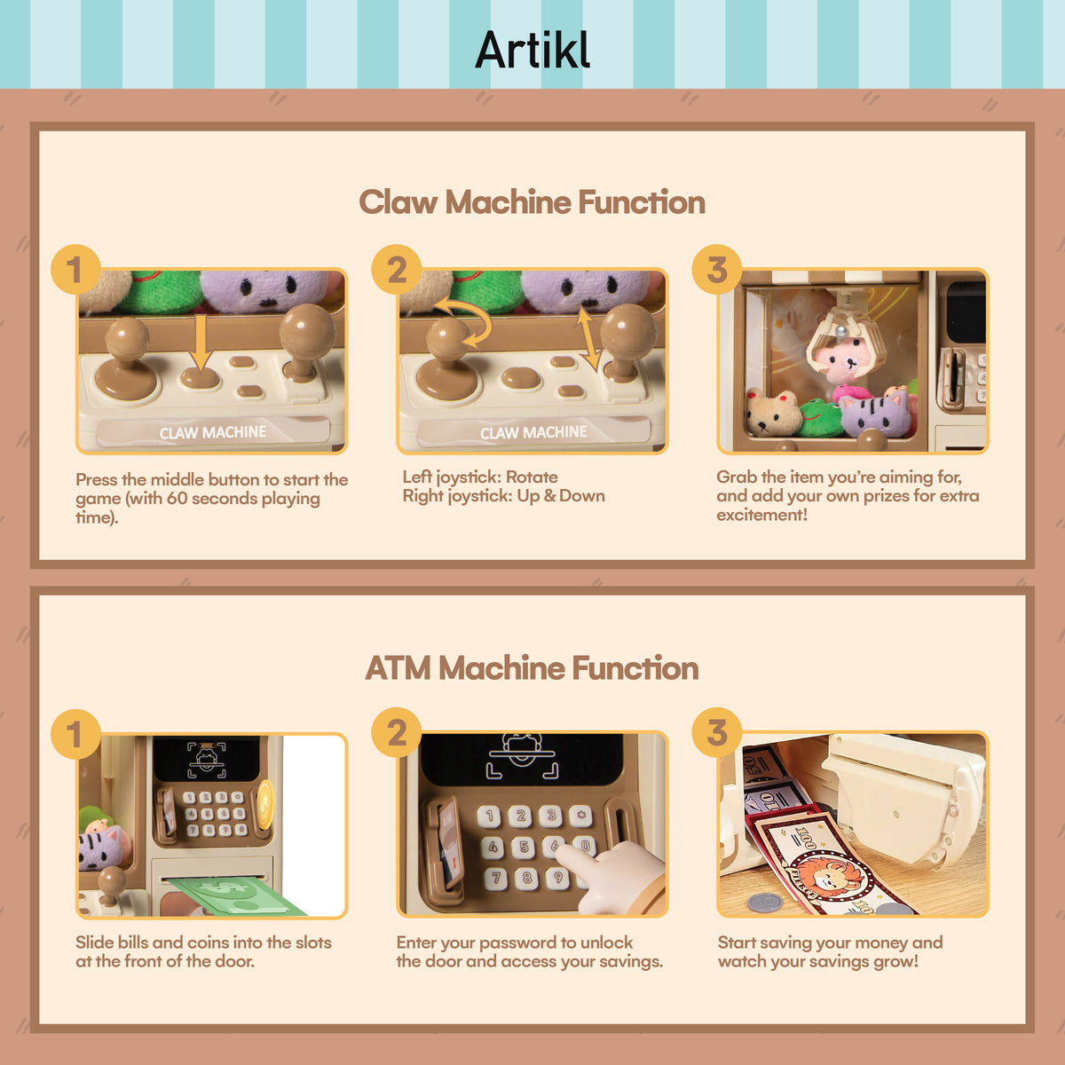 Artikl 2-in-1 Claw Machine & ATM Piggy Bank feature guide featuring the claw machine functions and the ATM piggy bank functions