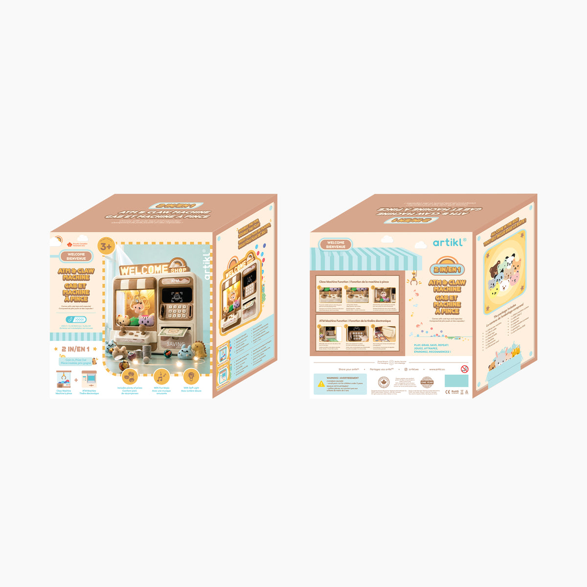 Artikl 2-in-1 Claw Machine & ATM Piggy Bank for Kids packaging, front and back view featuring the brown and cream claw machine and ATM bank