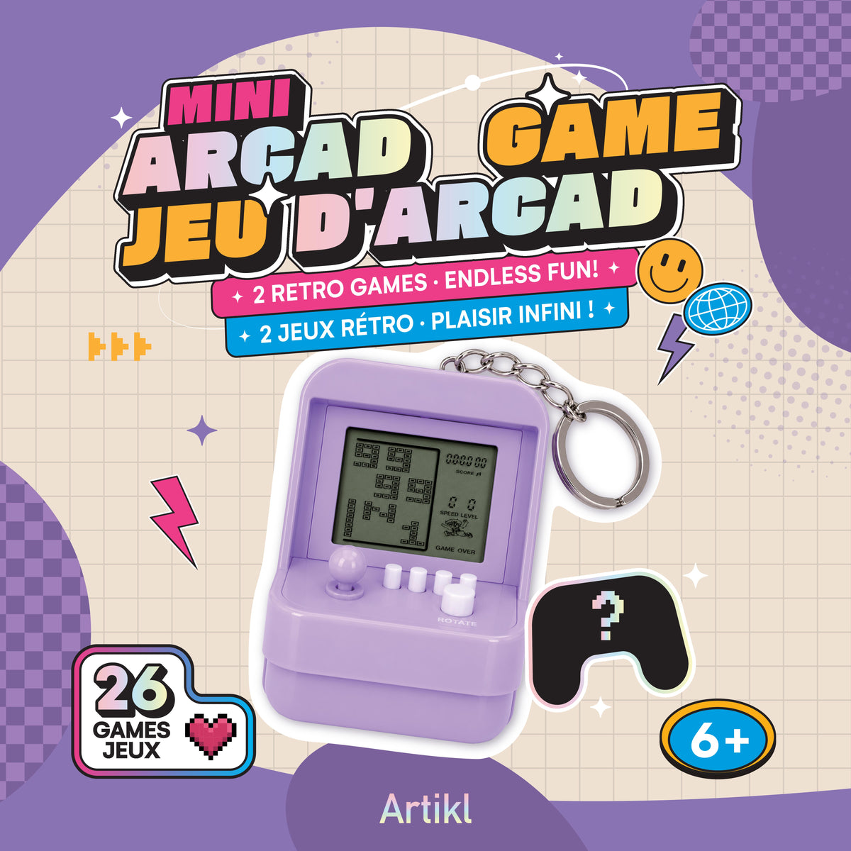 Artikl Mini Arcade Game Keychain in Purple featuring 26 built-in retro games, a real mini screen, joystick controls, and a mystery controller bonus for ages 6+