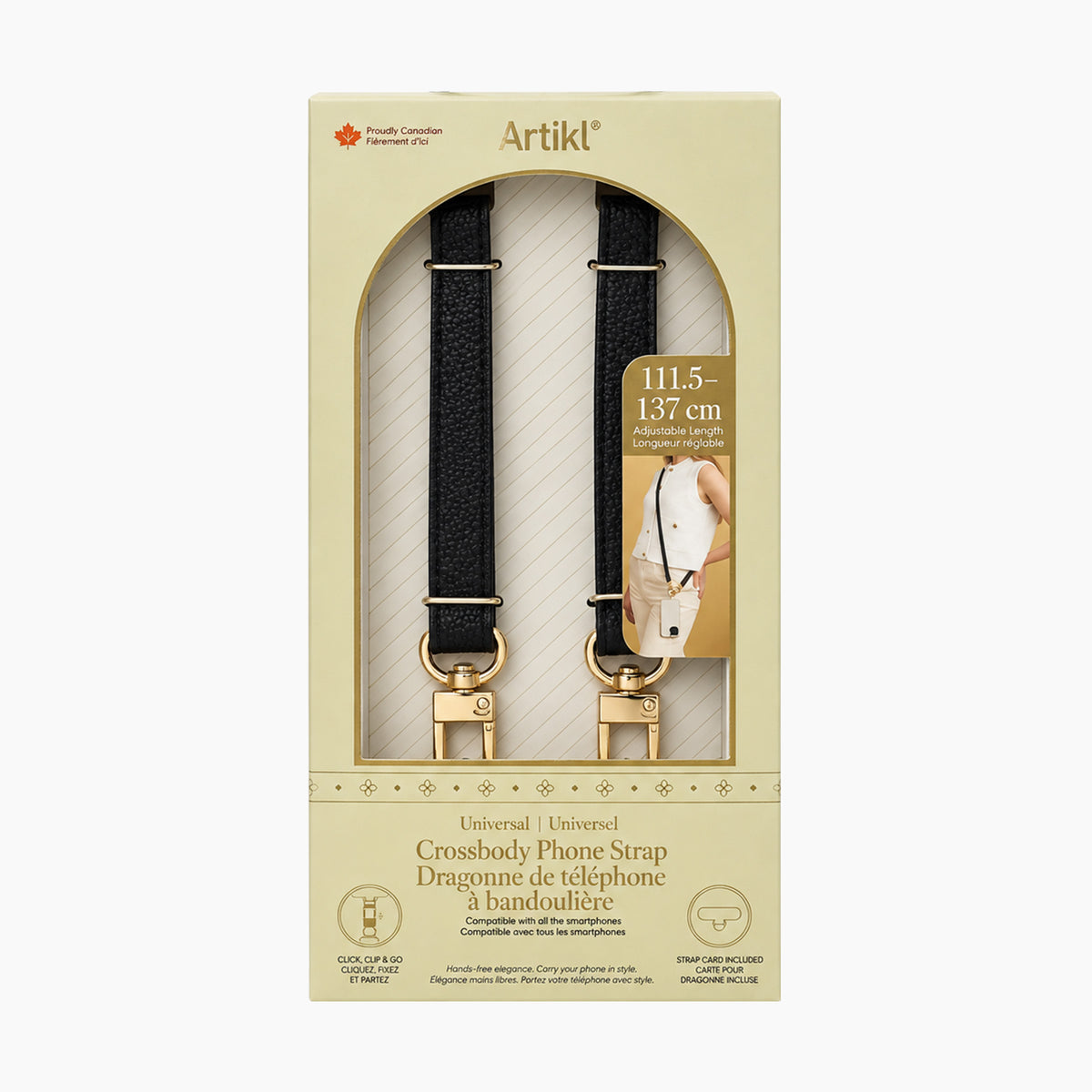 Black vegan leather crossbody phone strap with gold-tone hardware in retail packaging