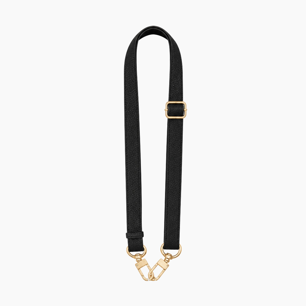 Artikl Adjustable Vegan Leather Crossbody Phone Strap - Black & Gold, featuring black pebbled vegan leather with polished gold-tone adjustable buckle and clasps