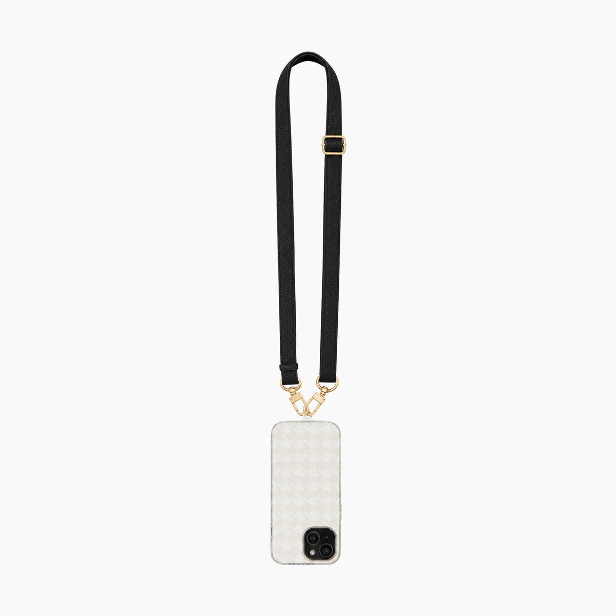 Artikl Adjustable Vegan Leather Crossbody Phone Strap - Black & Gold, front view showing the strap attached to a phone with a clear case