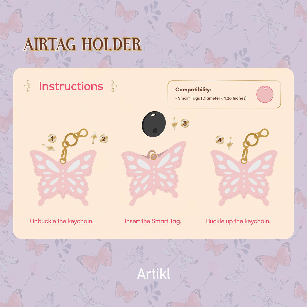 Eco-Leather Airtag Holder with Beaded Rope Bag Charm - Pink Butterfly