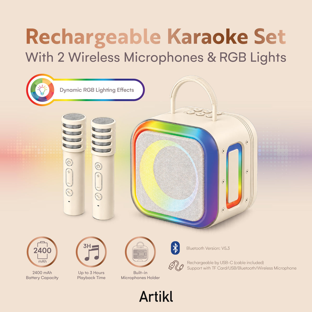 Artikl Portable Bluetooth Karaoke Machine feature guide featuring 2 wireless microphones, RGB lights, Bluetooth connection, and rechargeable battery