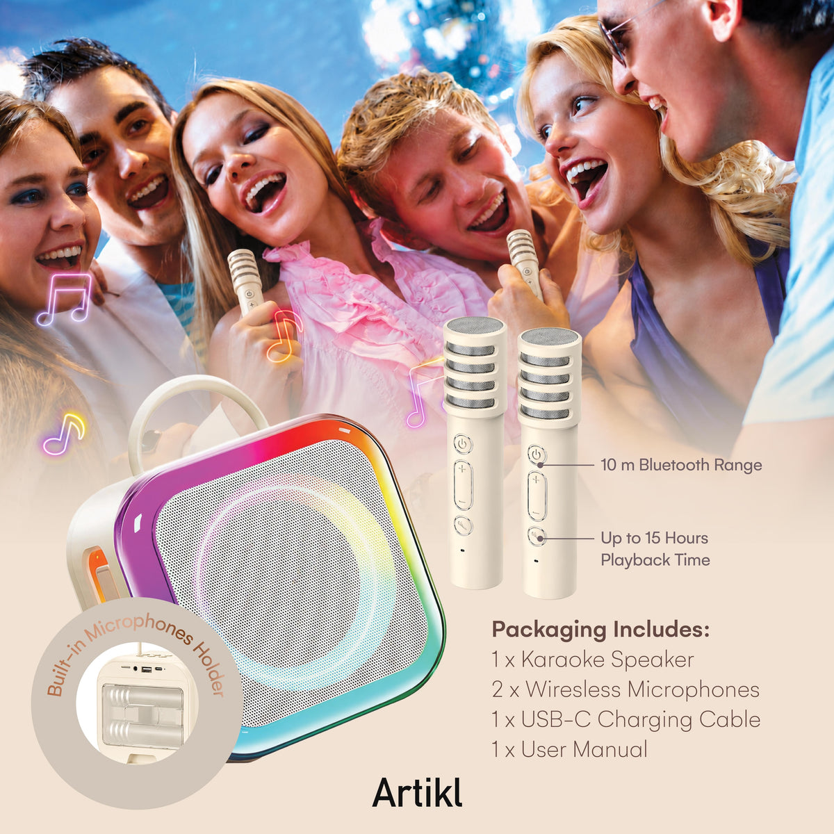 Artikl Portable Bluetooth Karaoke Machine package contents featuring the karaoke speaker, 2 wireless microphones, USB-C charging cable, and user manual