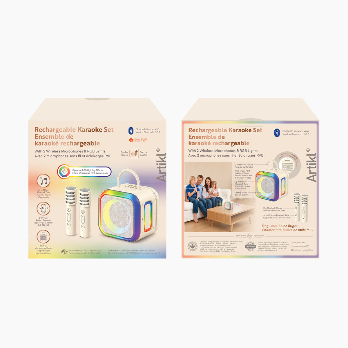 Artikl Portable Bluetooth Karaoke Machine packaging, front and back view featuring the cream speaker, wireless microphones, and RGB light ring