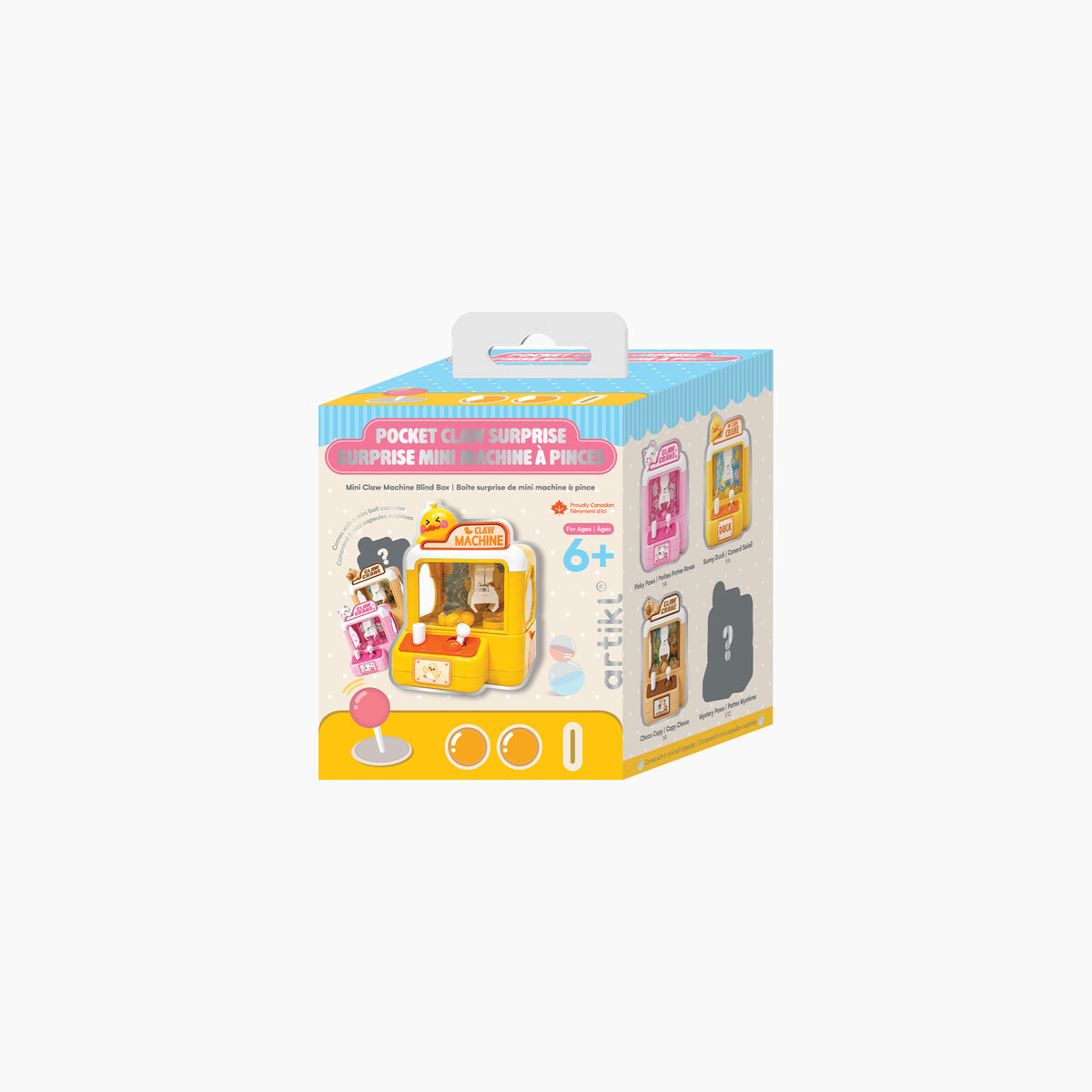Artikl Mini Claw Machine Blind Box packaging featuring the Pocket Claw Surprise mini claw machine lineup with collectible character designs