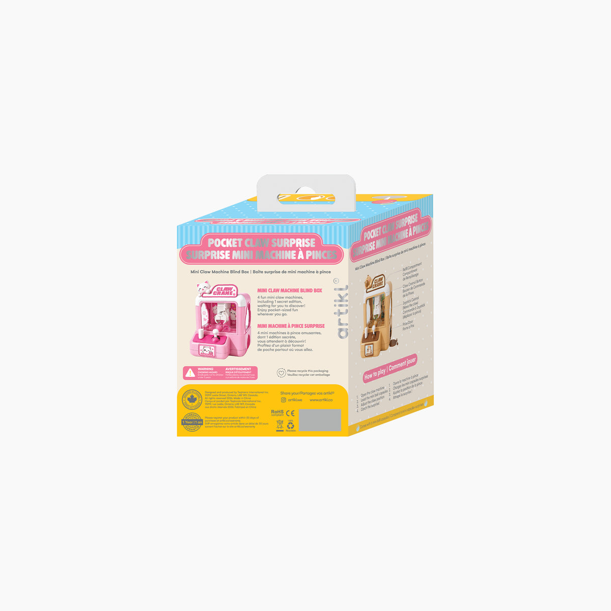 Artikl Mini Claw Machine Blind Box packaging, side view showing Pocket Claw Surprise branding and mini claw machine character designs