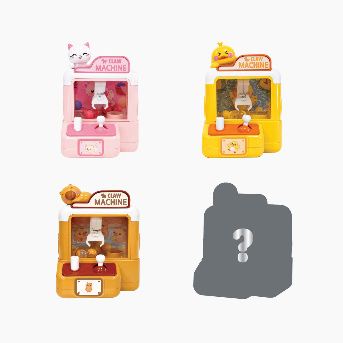 Mini Claw Machine Blind Box collection featuring Pinky Paws, Sunny Duck and Choco Capy claw machine designs, and one mystery secret edition