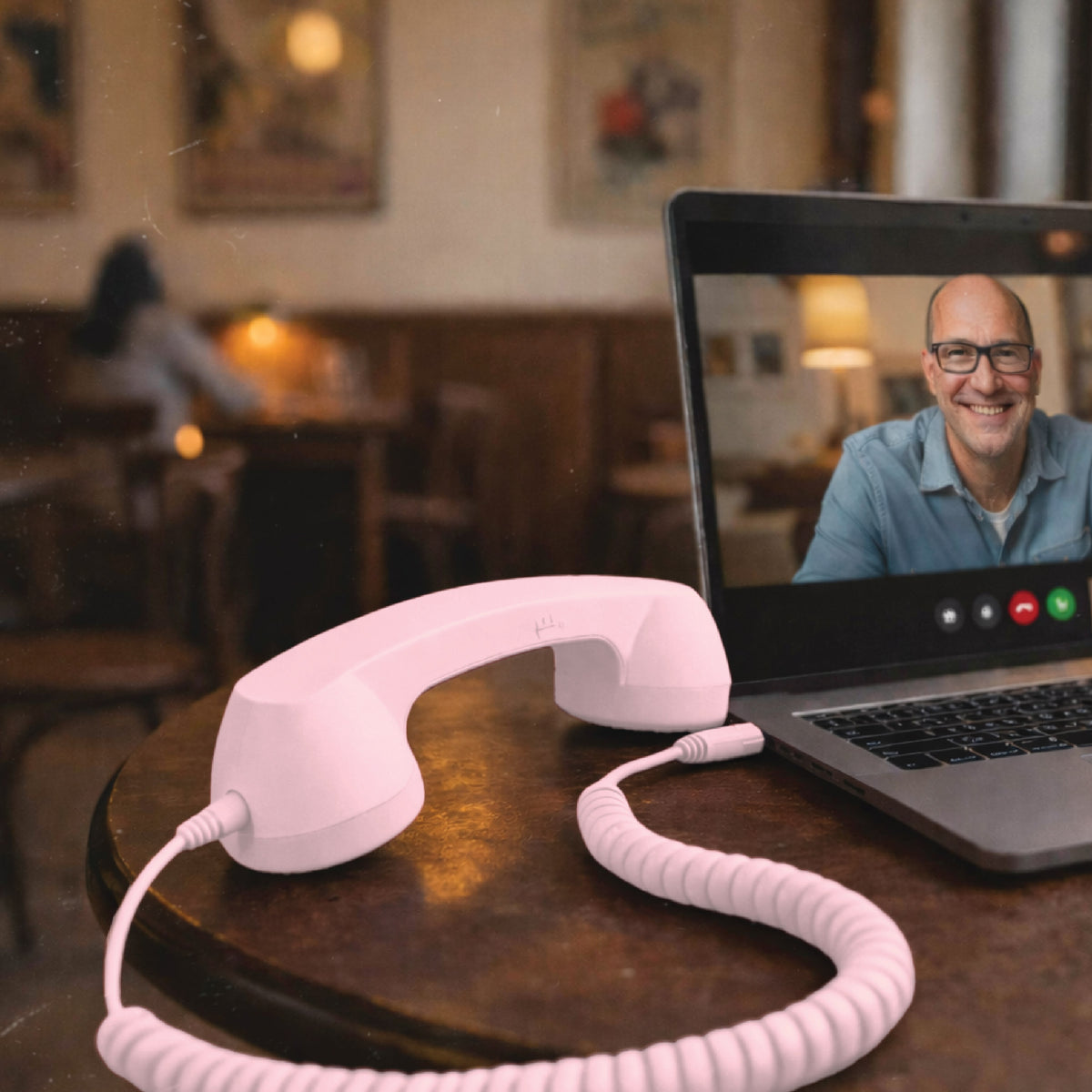 Pink USB-C retro phone handset in front of a laptop video call, highlighting fun retro-style calls for remote work and catching up with friends