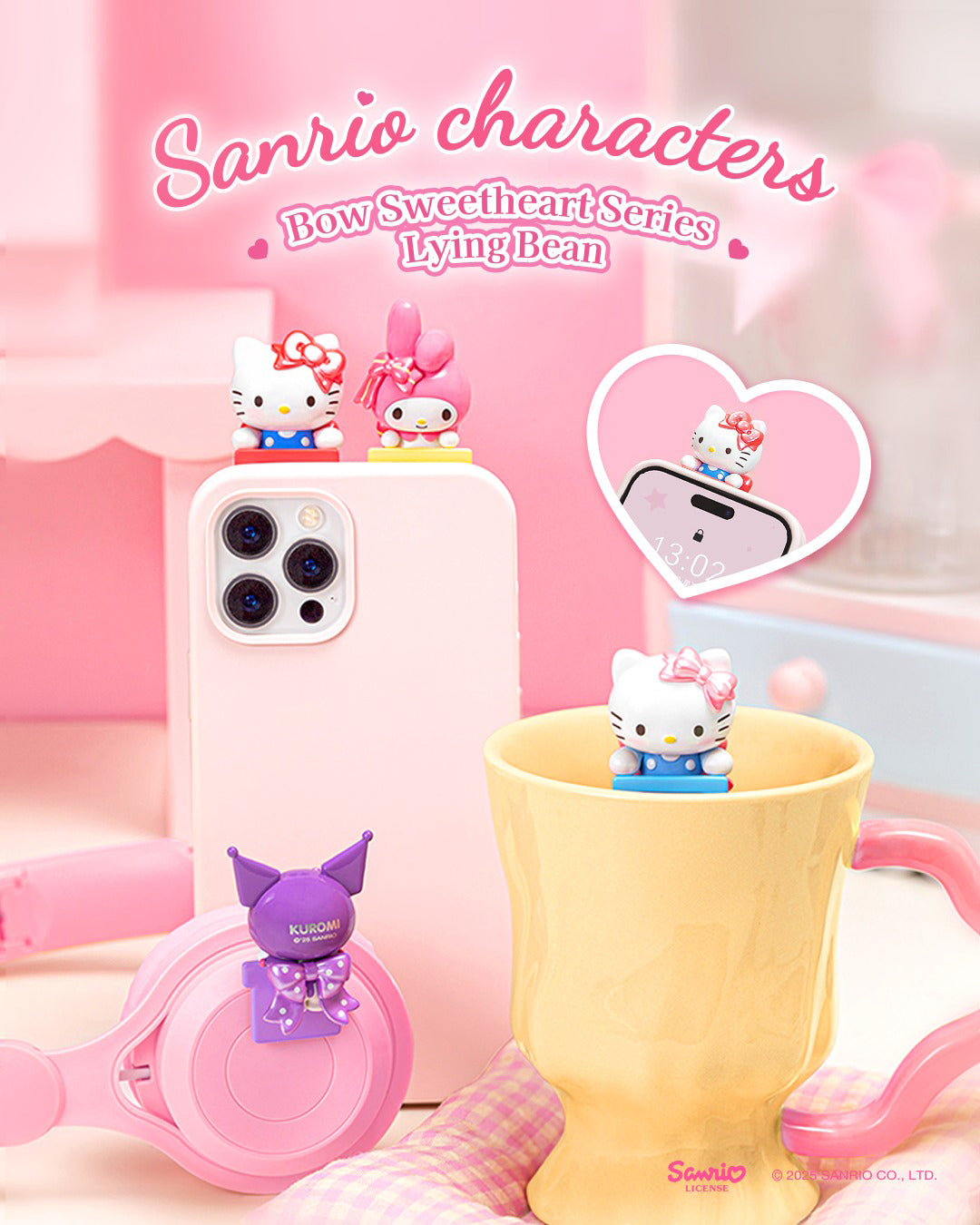 Sanrio Bow Sweetheart Peek-A-Pals displayed on phone and everyday accessories