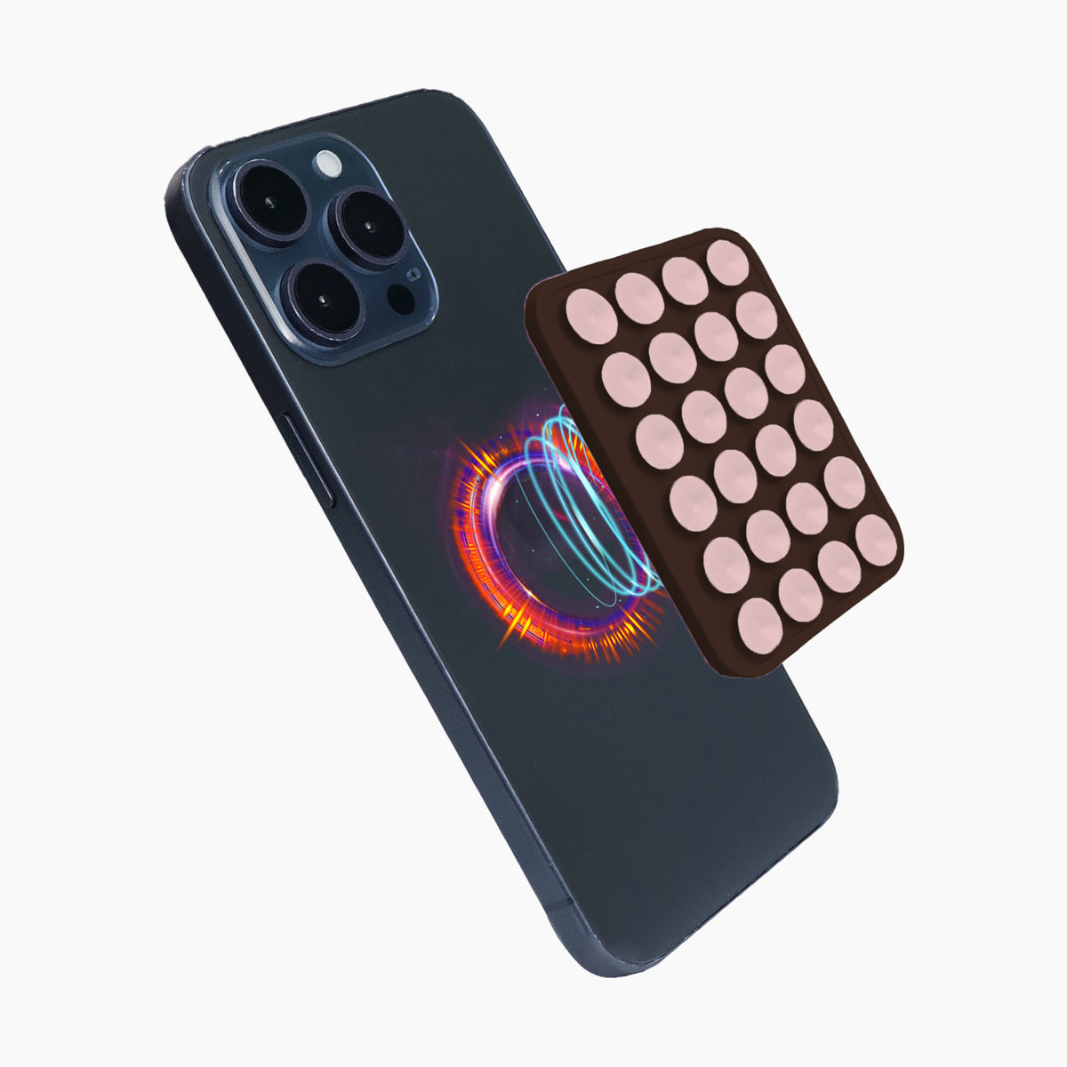 Snug SnugMag Bi-colour Magnetic Suction Cup Phone Mount in Chocolate Brown & Cherry Blossom attaching magnetically to the back of an iPhone
