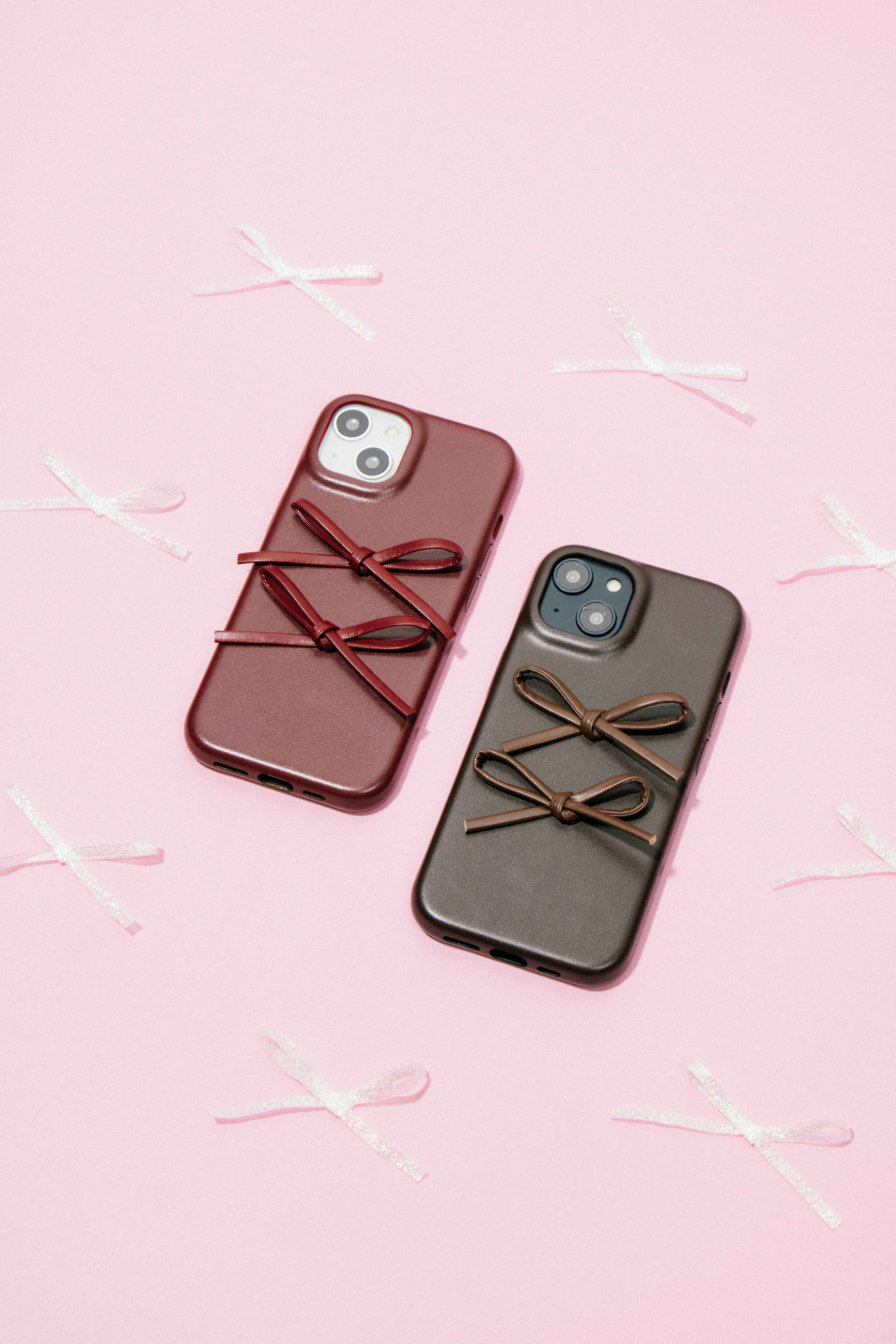 Burgundy and Chocolate Brown Ribbon Bow Phone Cases for iPhone 16 Pro Max featuring decorative bow details, leather-inspired textures, and stylish protective designs