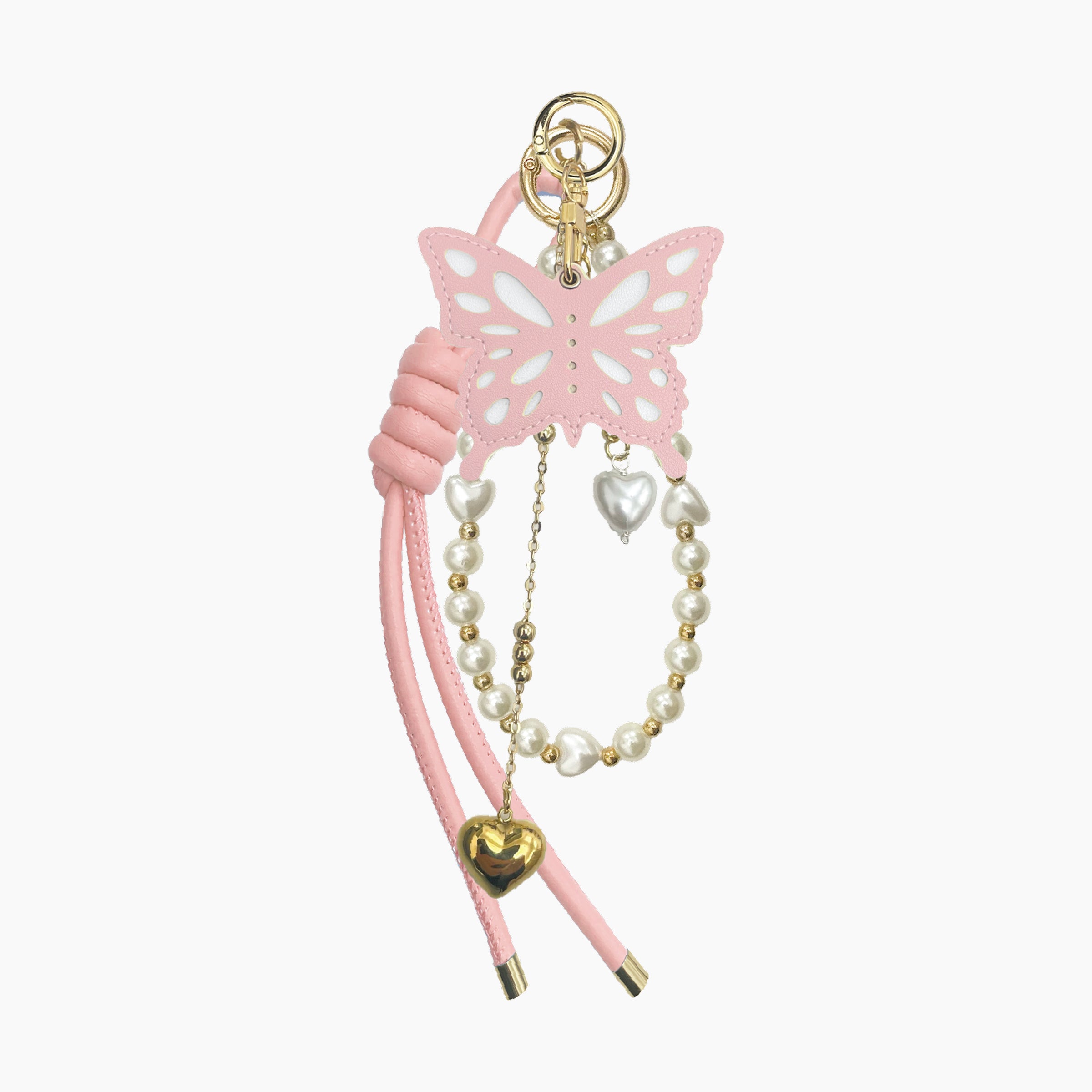 Pink butterfly phone charm keychain with pearl beads, heart charms, and gold accents