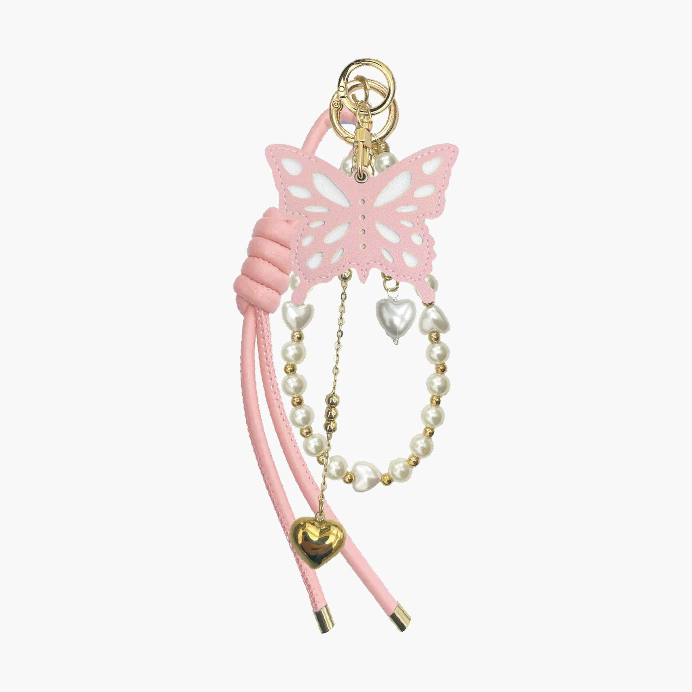 Eco-leather Airtag Holder with Beaded Rope Bag Charm - Pink Butterfly