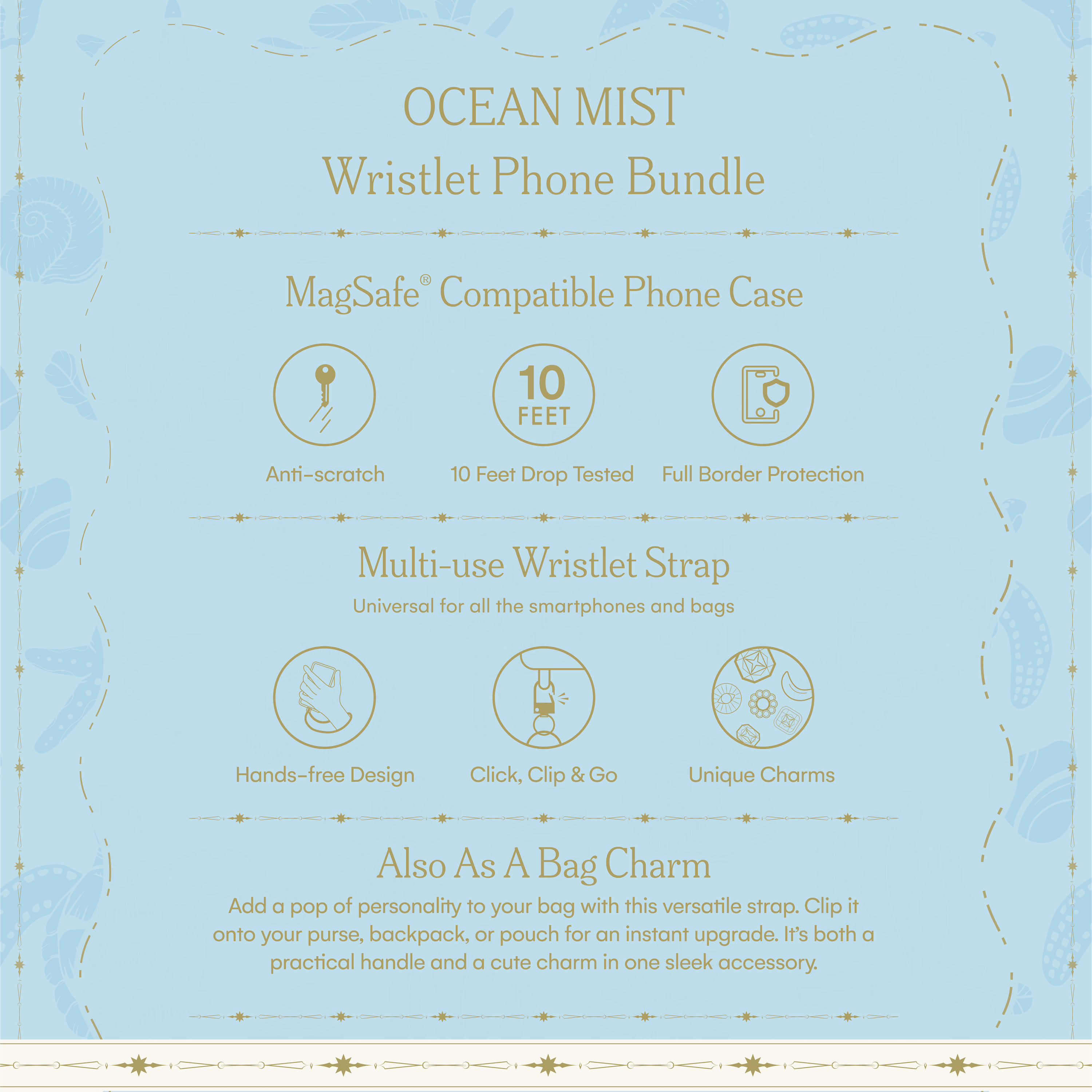 Ocean Mist Wristlet Phone Bundle feature guide highlighting MagSafe compatible phone case, beaded wristlet strap, hands-free carrying, bag charm functionality, and protective phone case features