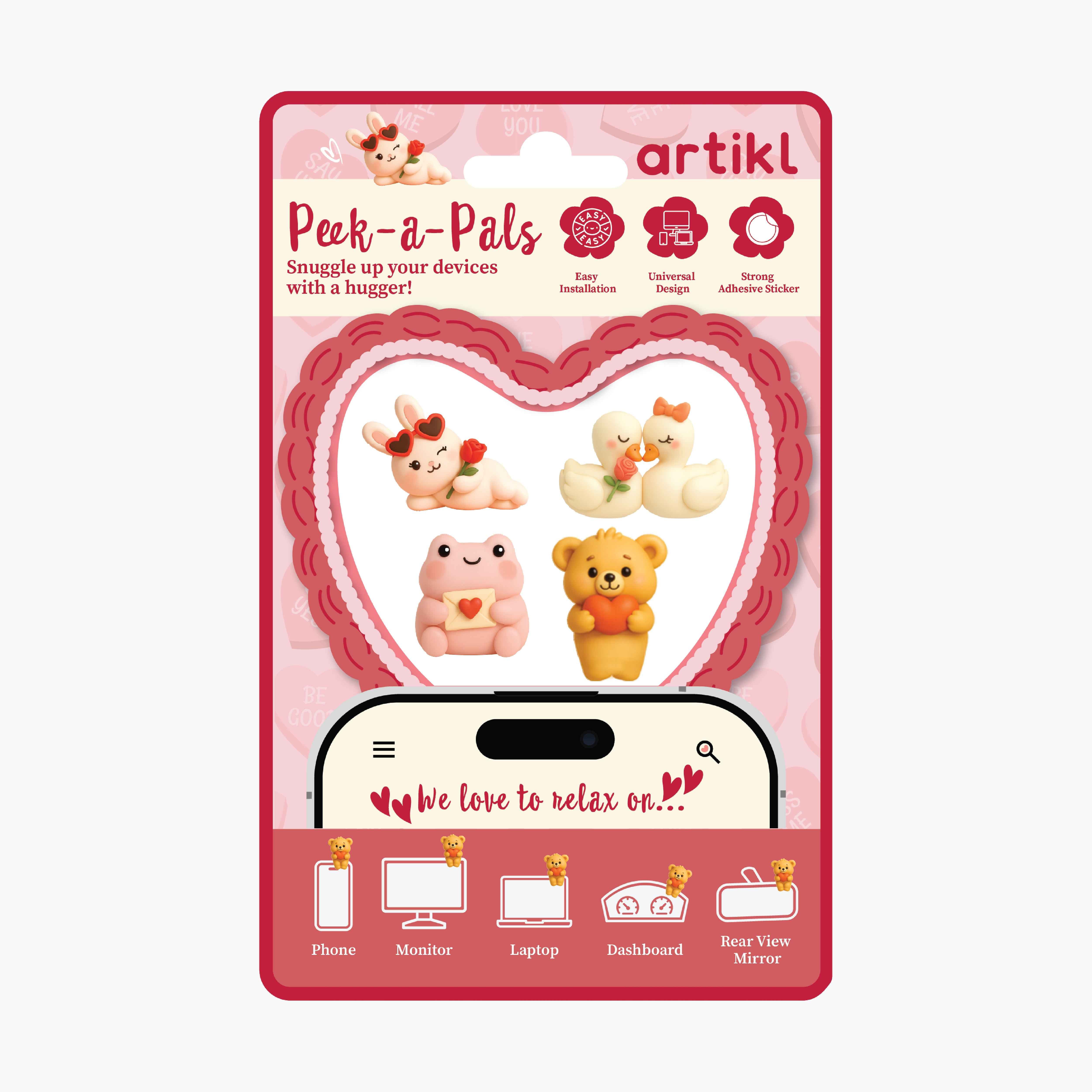 Peek-A-Pals Love Notes collectible phone peeker figures packaging featuring romantic animal companions, heart-themed characters, easy installation, and decorations for phones, monitors, laptops, dashboards, and mirrors