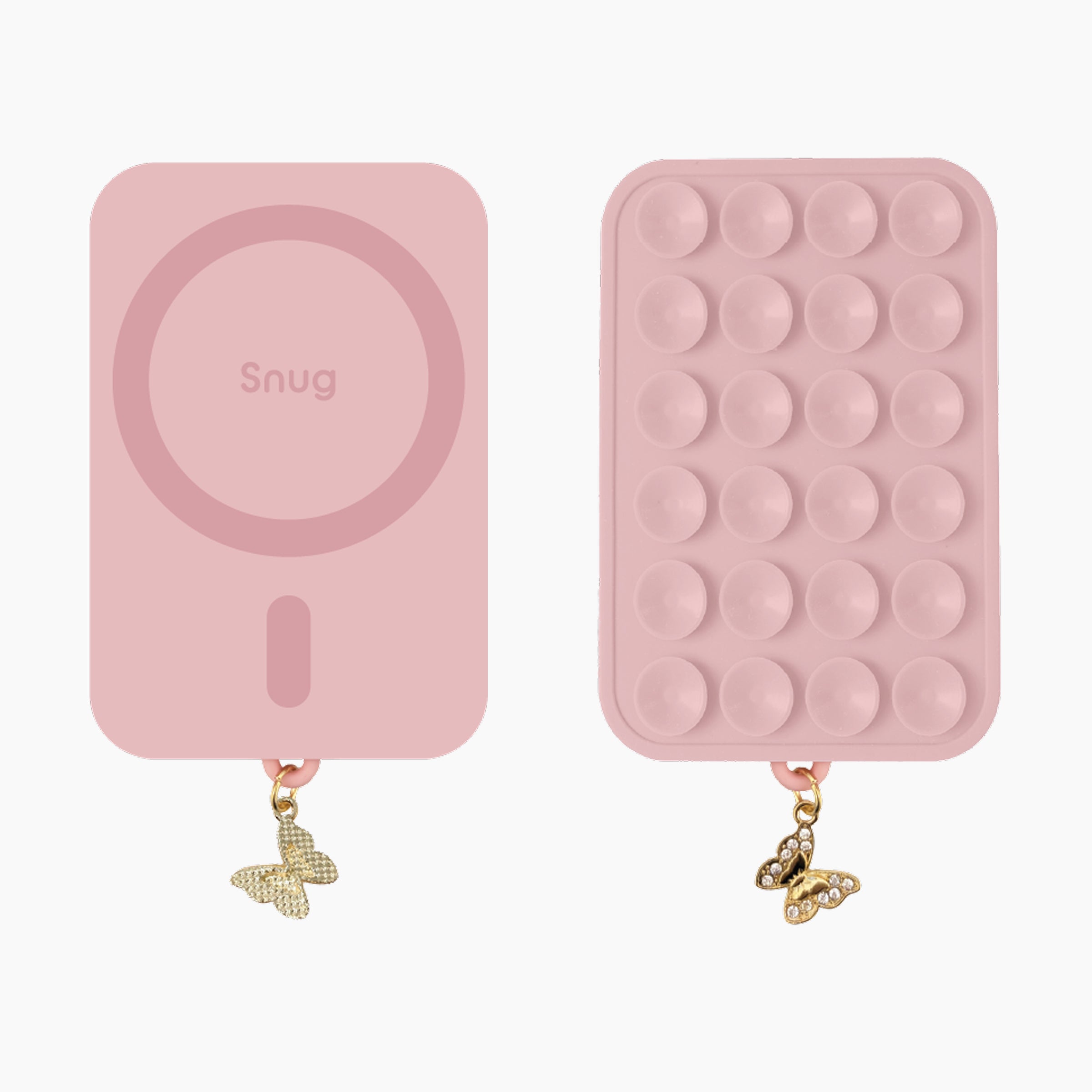 Pink magnetic phone mount with suction grip pad and butterfly charm featuring magnetic back and reusable suction cup front