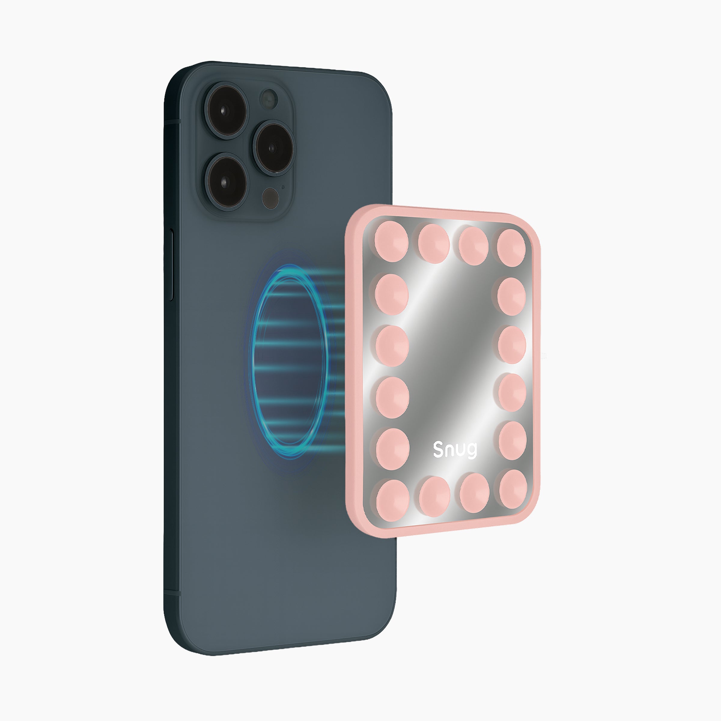 Magnetic suction phone mirror grip attached to smartphone with reusable suction pad design