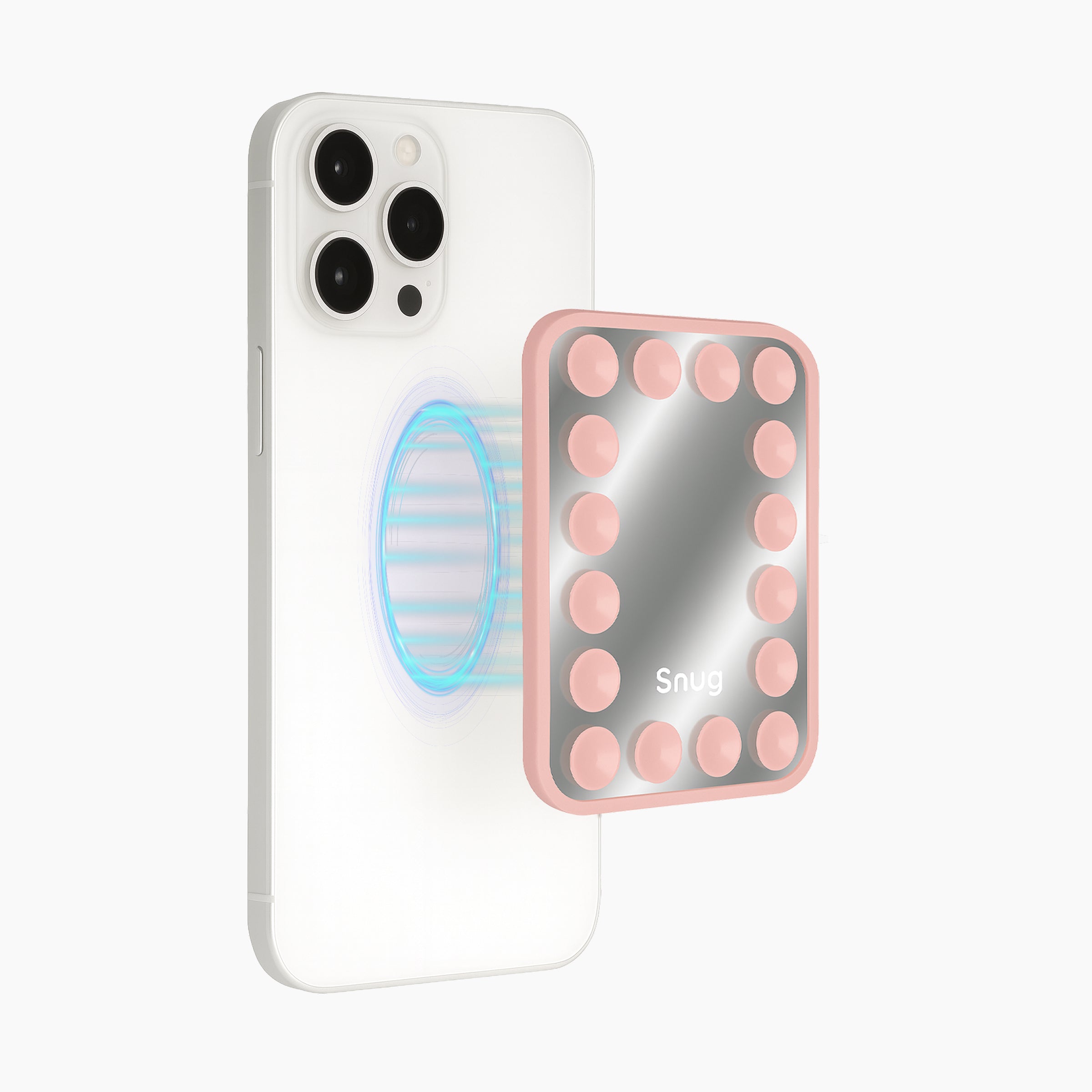 Magnetic suction phone mirror grip attached to smartphone with reusable suction pad design