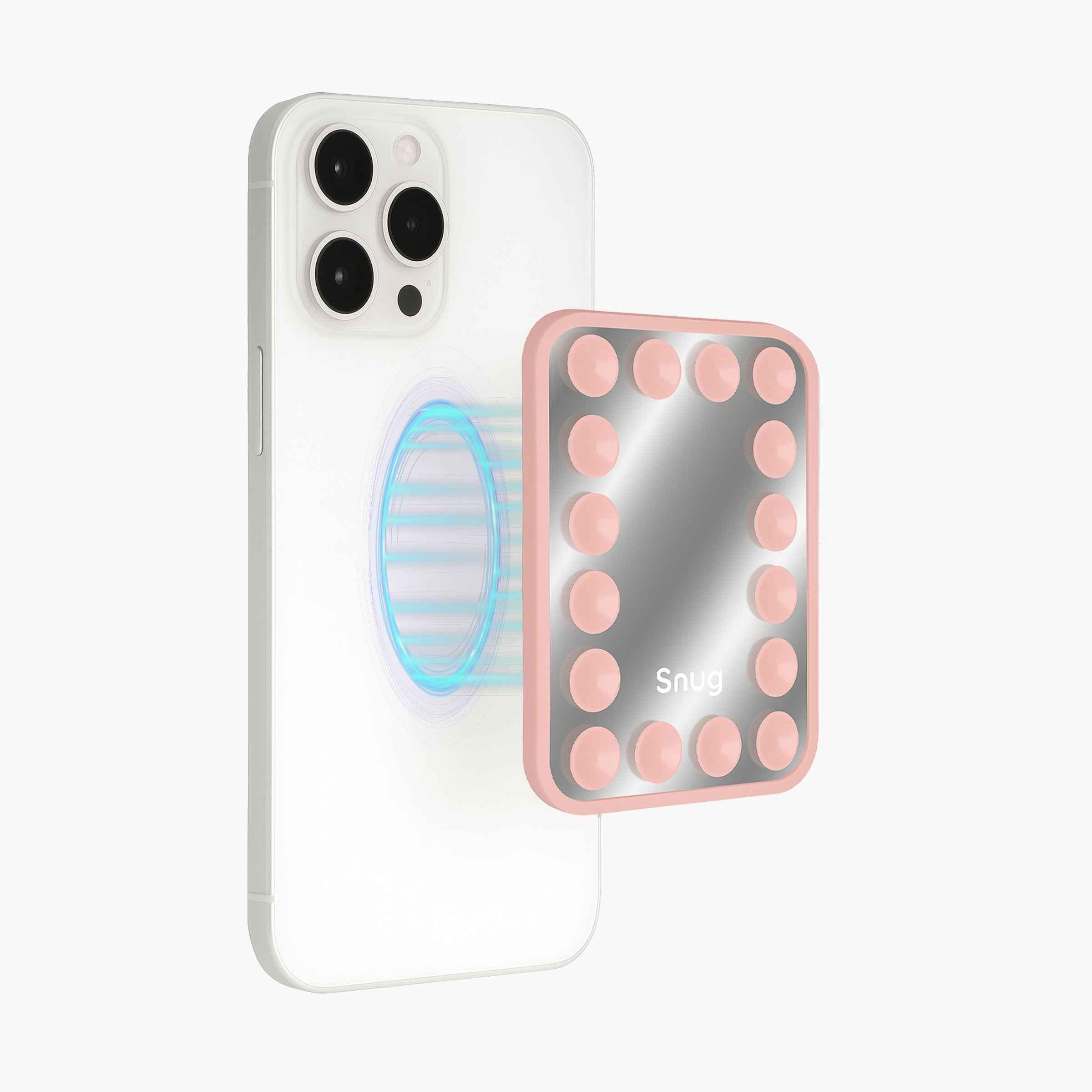 Snug MagSafe compatible suction phone mount with built-in mirror, reusable suction cups, and hands-free mounting for phones, mirrors, and smooth surfaces
