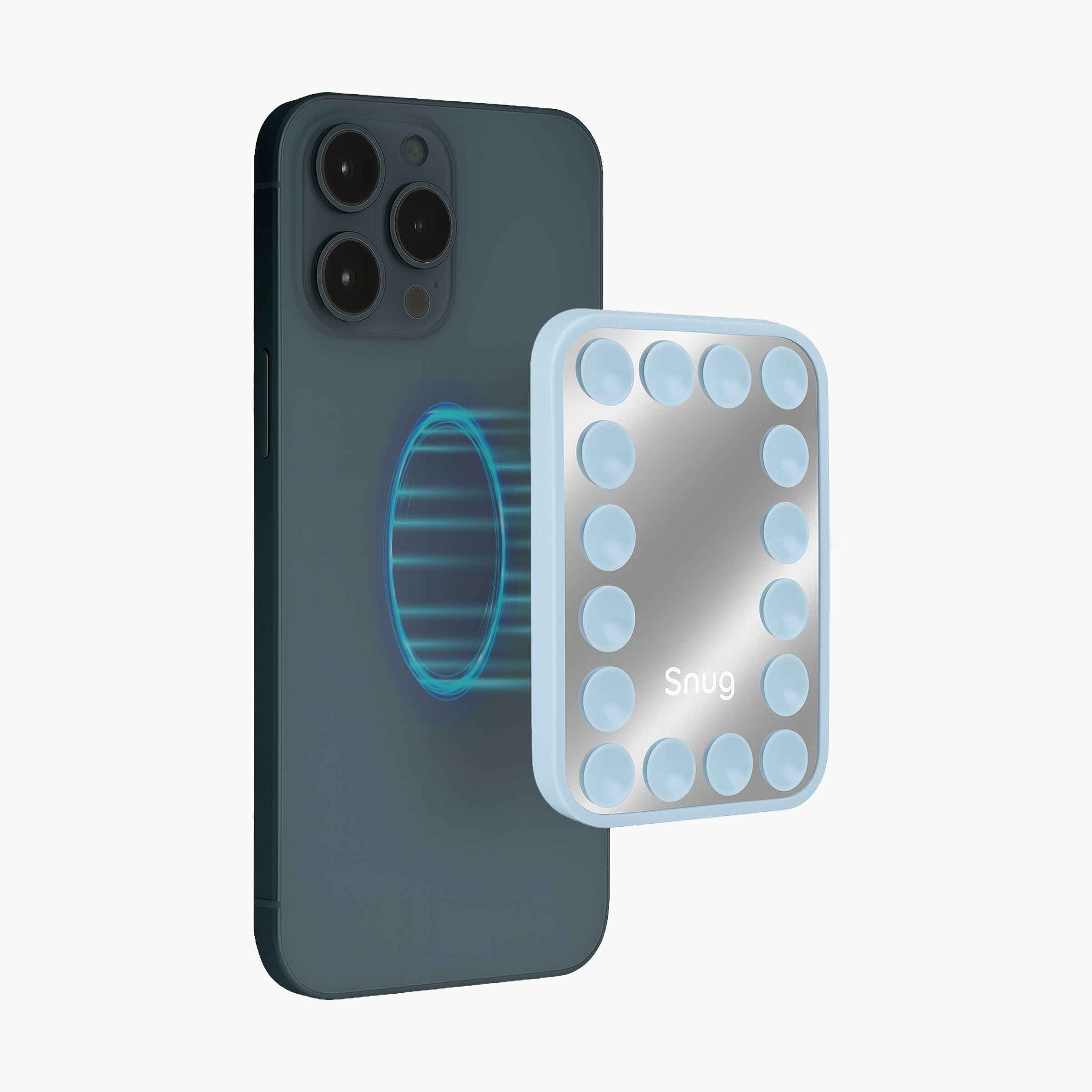 Snug MagSafe compatible suction phone mount with built-in mirror and multi-surface suction design attached to smartphone