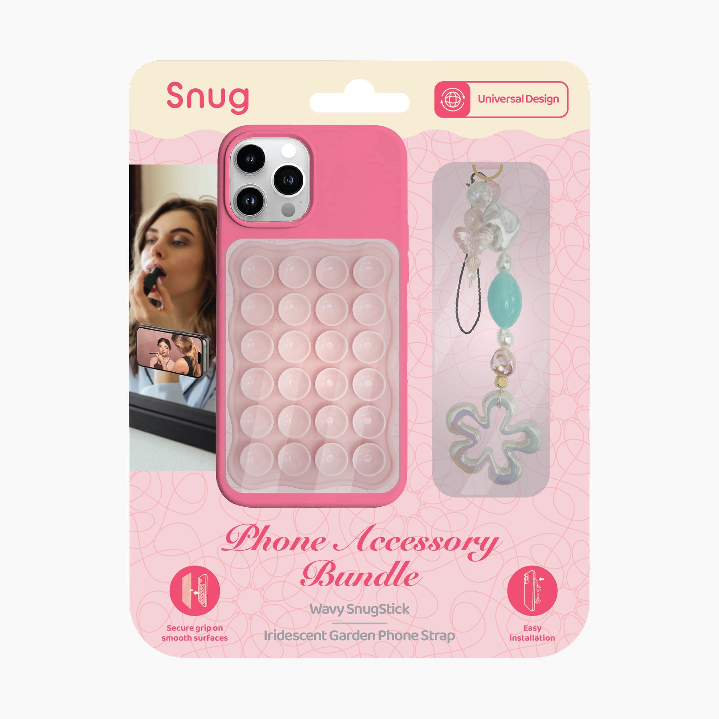Snug phone accessory bundle packaging with pink phone case and strap on a white background