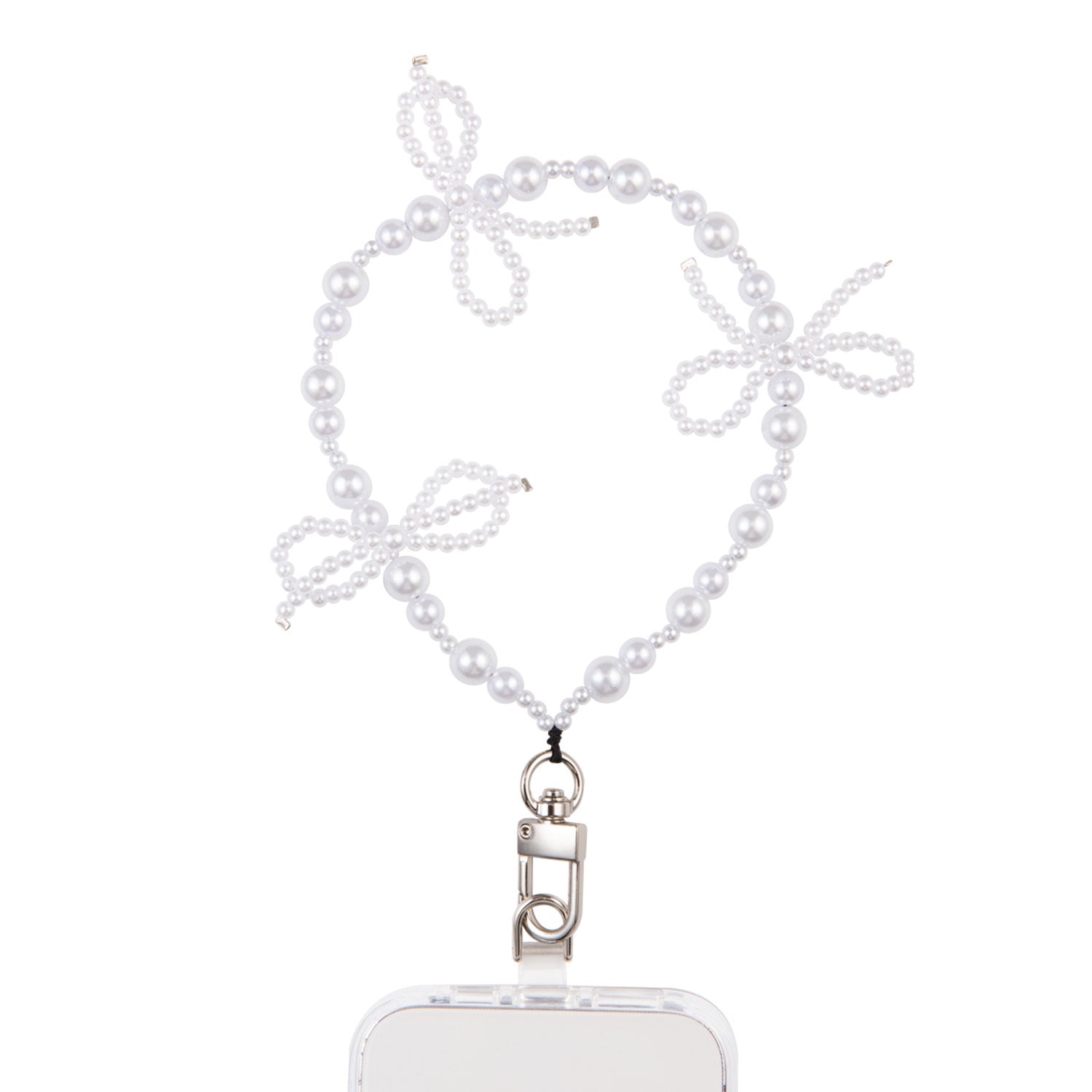 Pearl Bow Wristlet Phone Strap (Silver Hardware) - White