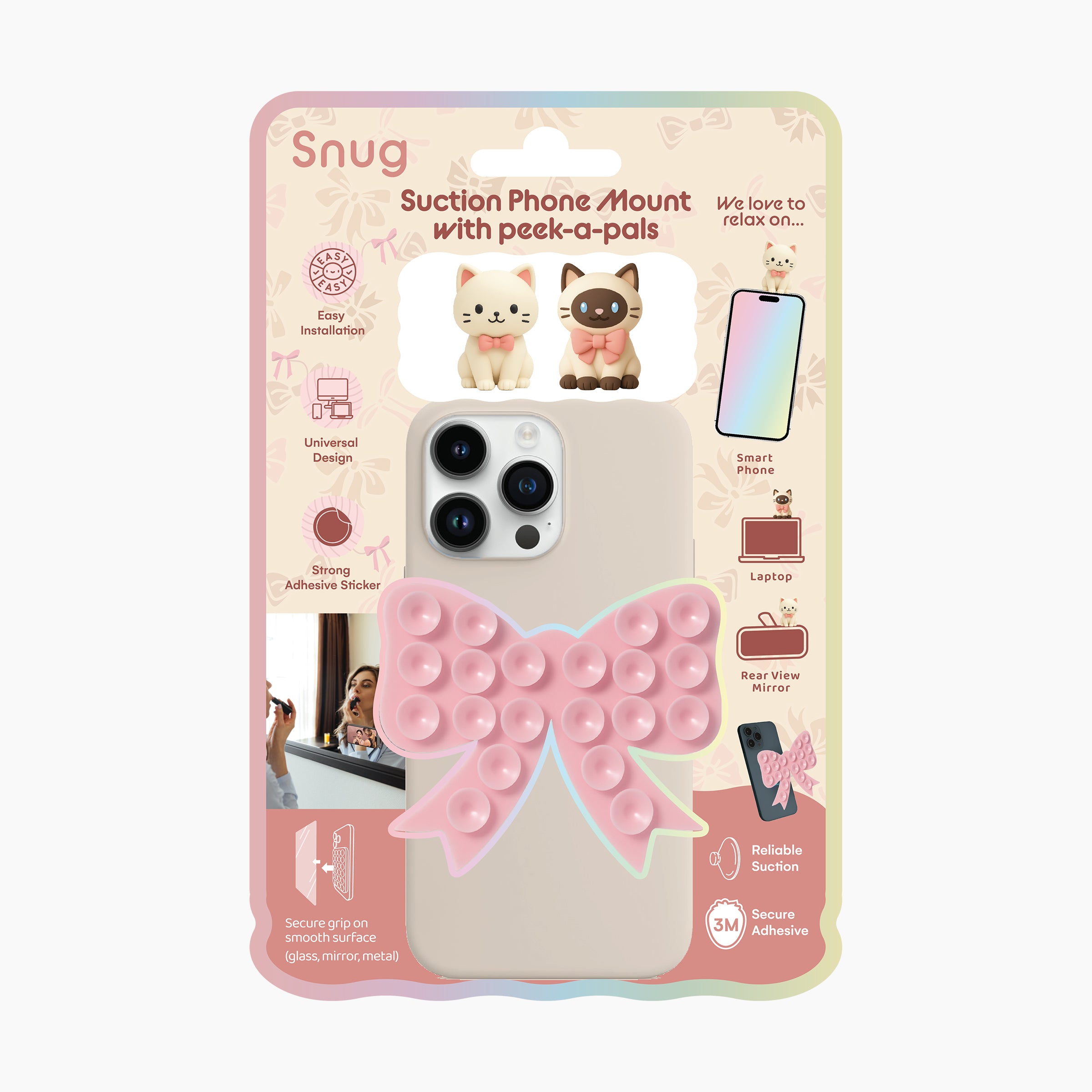 Artikl Snug Cat and Bow Phone Suction Mount Set with Cute Cat Figures and Bow Pad - Pink Complete Packaging Set