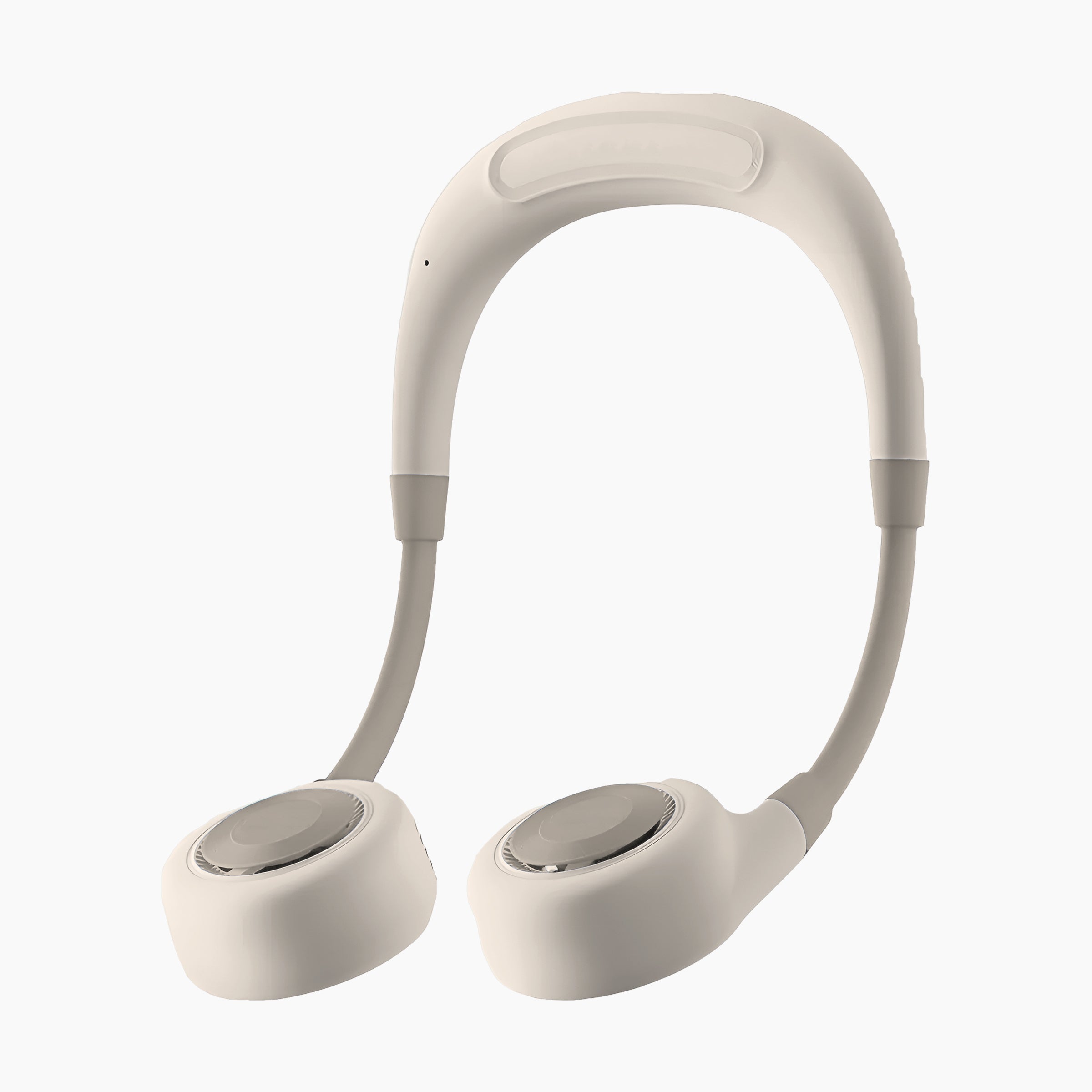 Artikl Portable Bladeless Neck Fan with Adjustable Band in Beige, front view showing dual bladeless fan heads