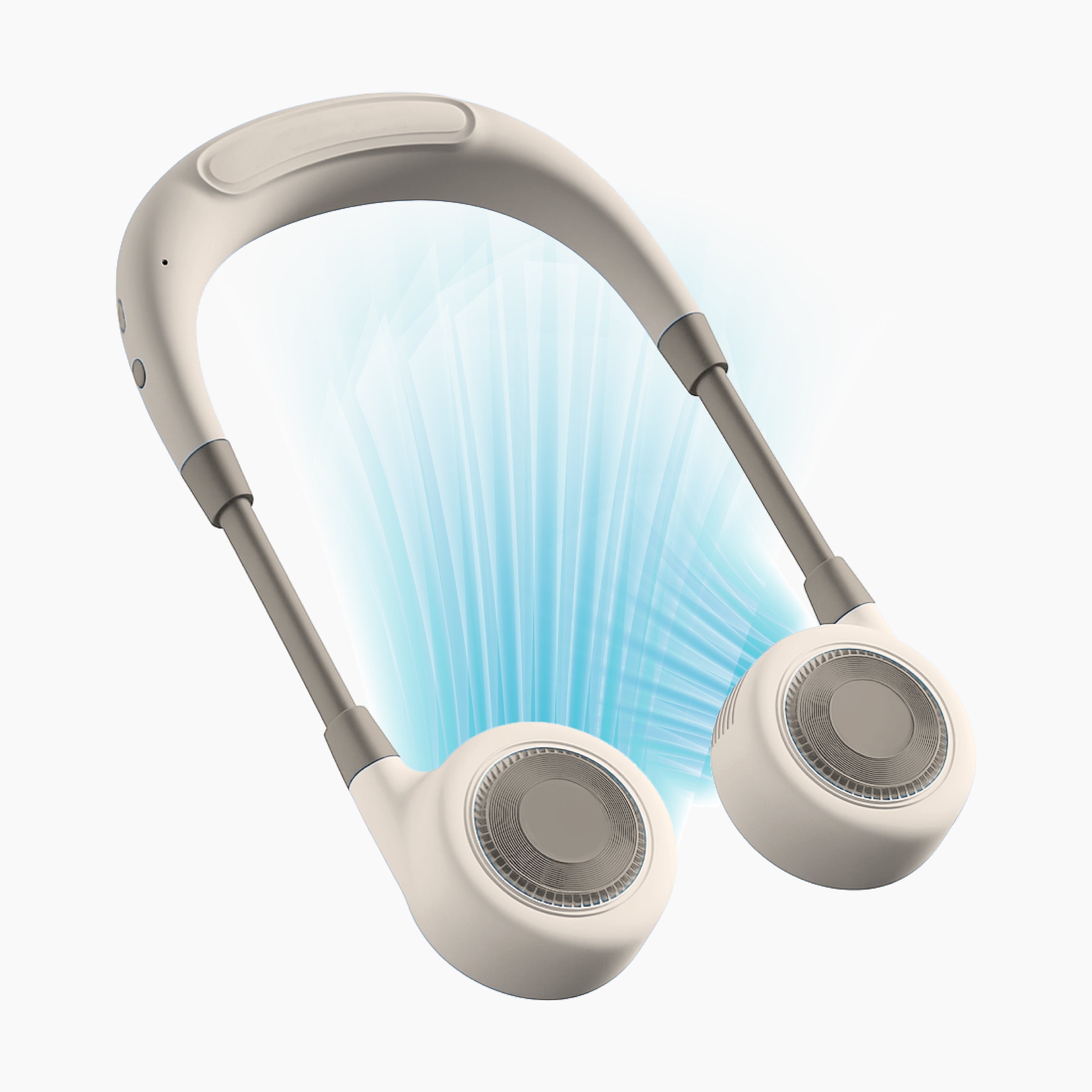 Artikl Portable Bladeless Neck Fan with Adjustable Band in Beige, demonstrating 360 degree surround airflow