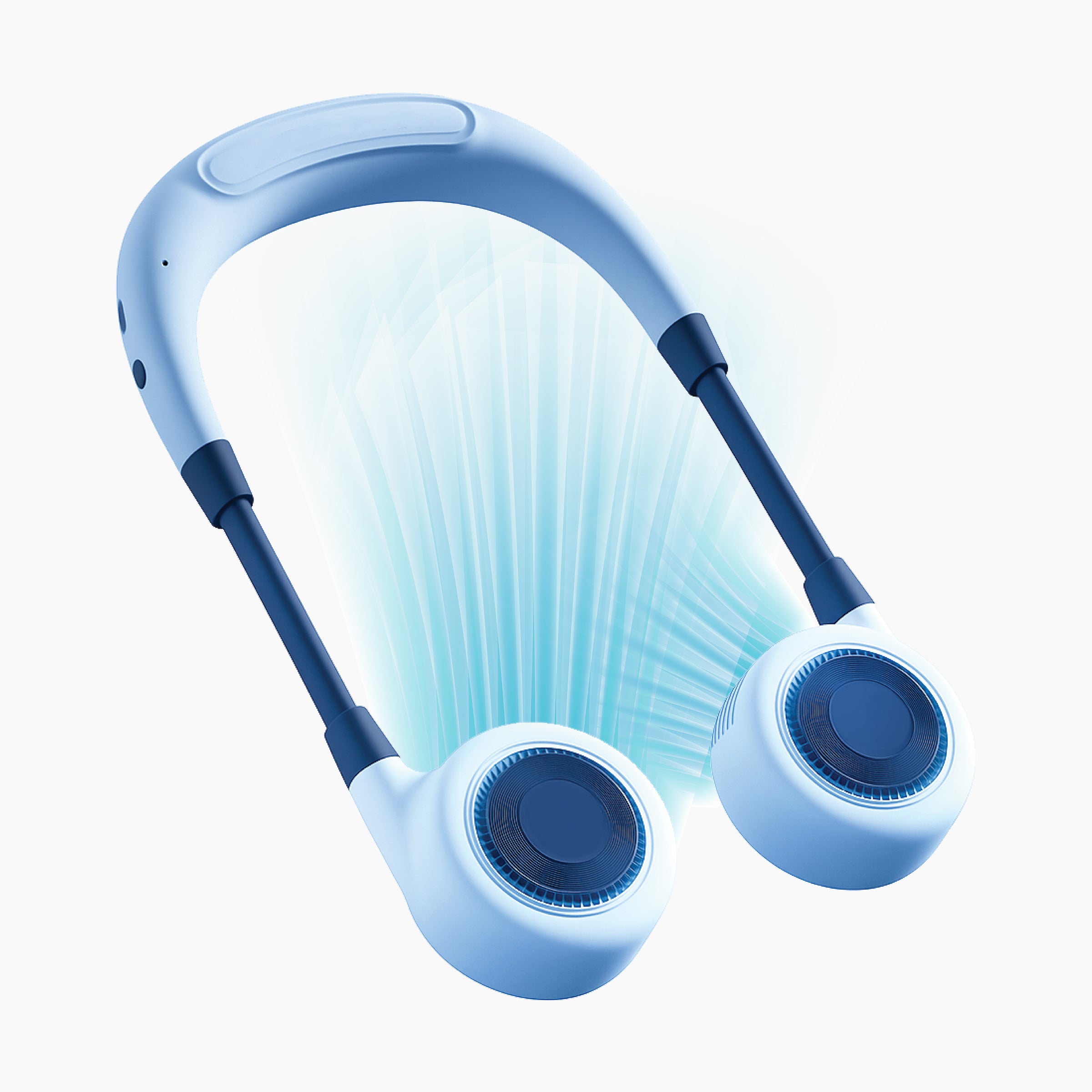 Artikl Portable Bladeless Neck Fan with Adjustable Band in Blue, demonstrating 360 degree surround airflow
