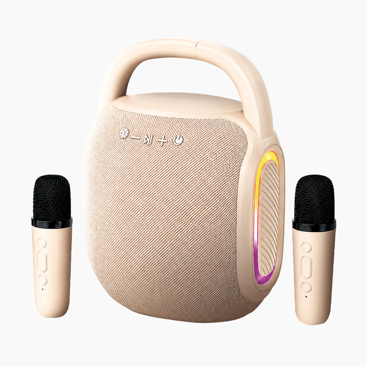 Artikl Portable Bluetooth Karaoke Machine with 2 Wireless Mics & Mic Storage in Beige, featuring a fabric-wrapped speaker, carry handle, and glowing side light strip