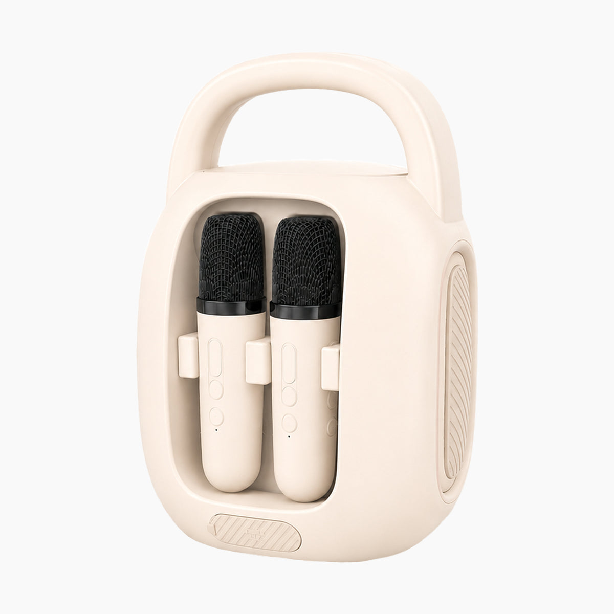 Artikl Portable Bluetooth Karaoke Machine with 2 Wireless Mics & Mic Storage in Beige, back view showing both microphones tucked into the built-in storage slot