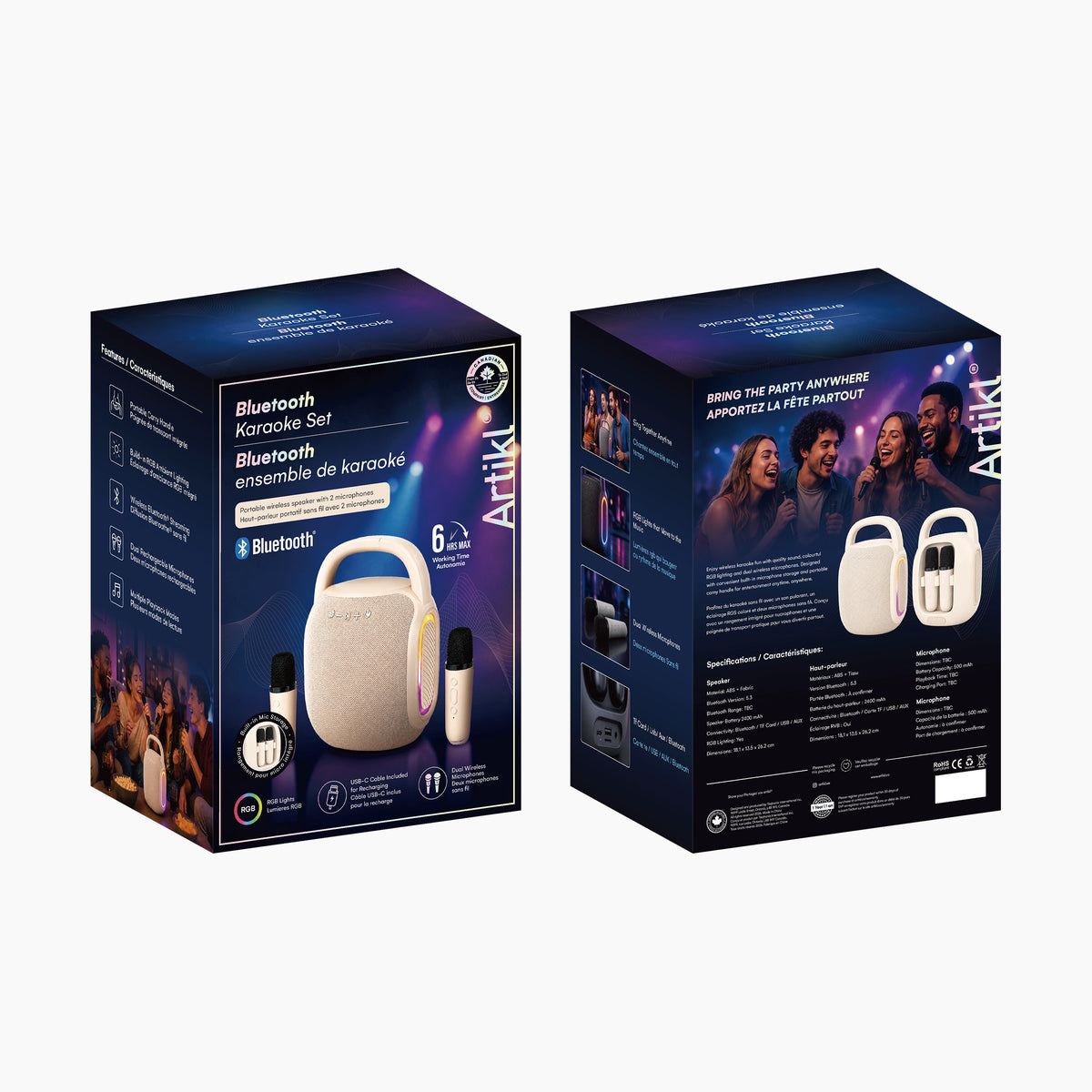 Artikl Portable Bluetooth Karaoke Machine packaging, front and back view featuring the karaoke speaker and 2 wireless microphones