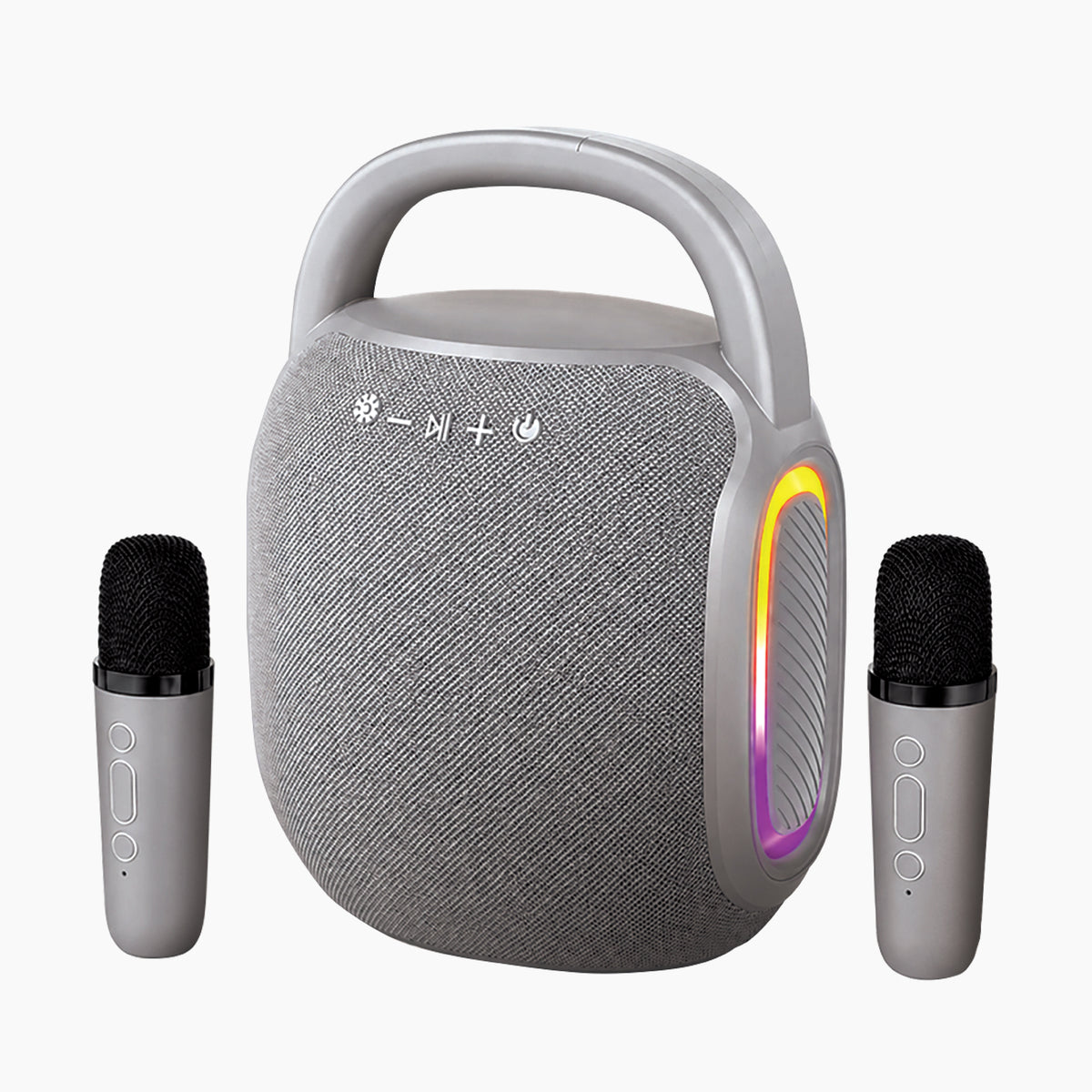 Artikl Portable Bluetooth Karaoke Machine with 2 Wireless Mics & Mic Storage in Grey, featuring a fabric-wrapped speaker, carry handle, and glowing side light strip