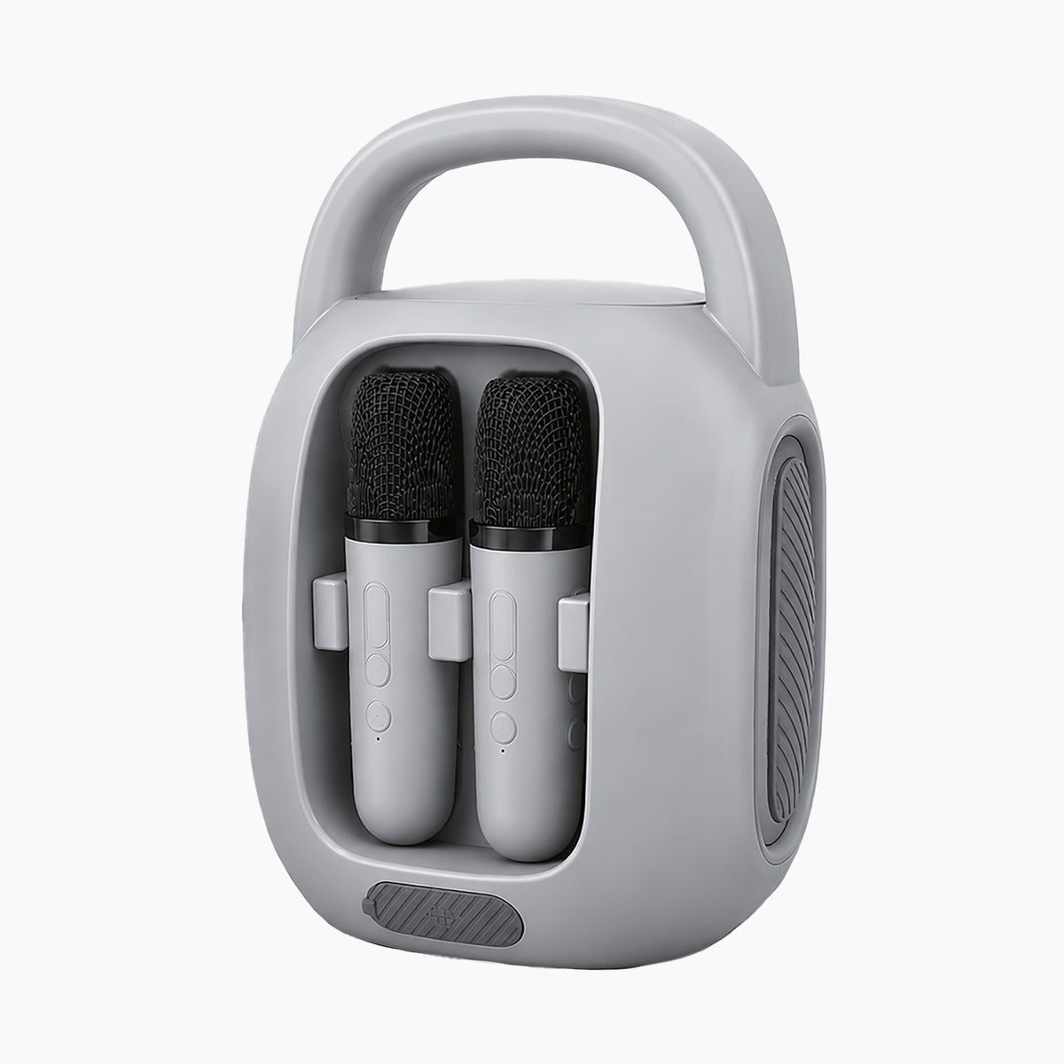 Artikl Portable Bluetooth Karaoke Machine with 2 Wireless Mics & Mic Storage in Grey, back view showing both microphones tucked into the built-in storage slot