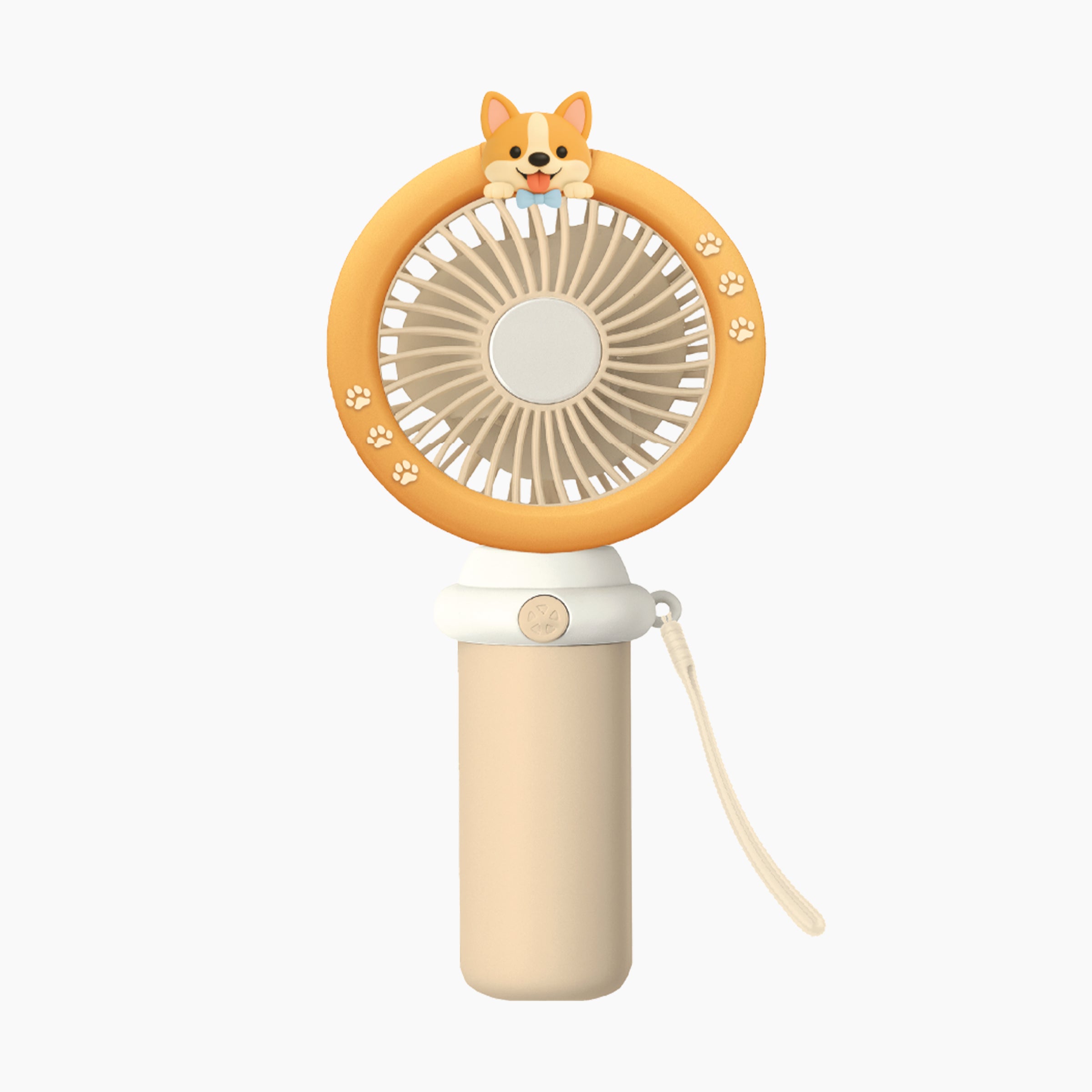 Artikl Portable Corgi Handheld Fan with Wristlet Strap in Orange, corgi-shaped fan with paw print details and cream wristlet strap