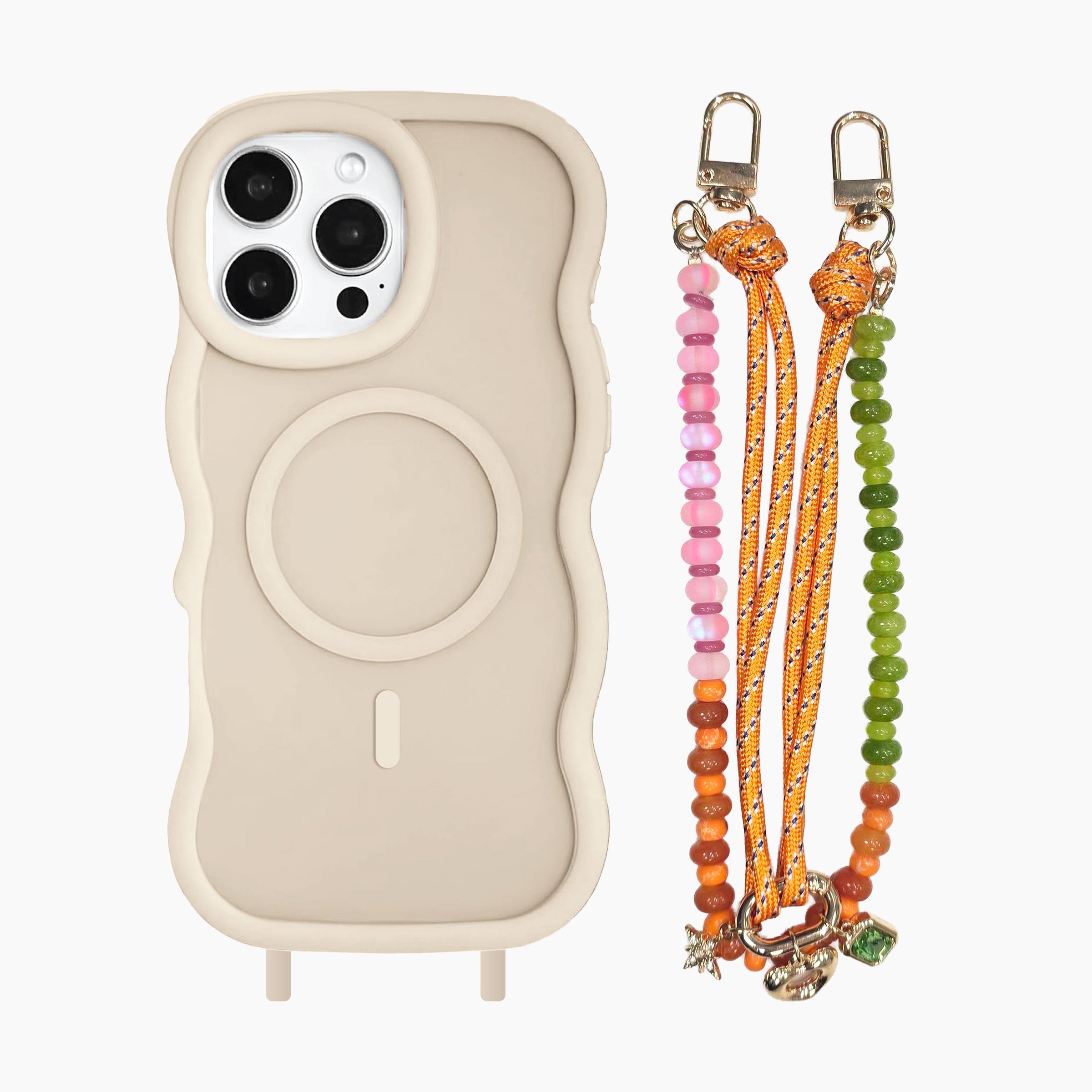 Beige wavy MagSafe phone case with colorful beaded charm strap and orange rope details