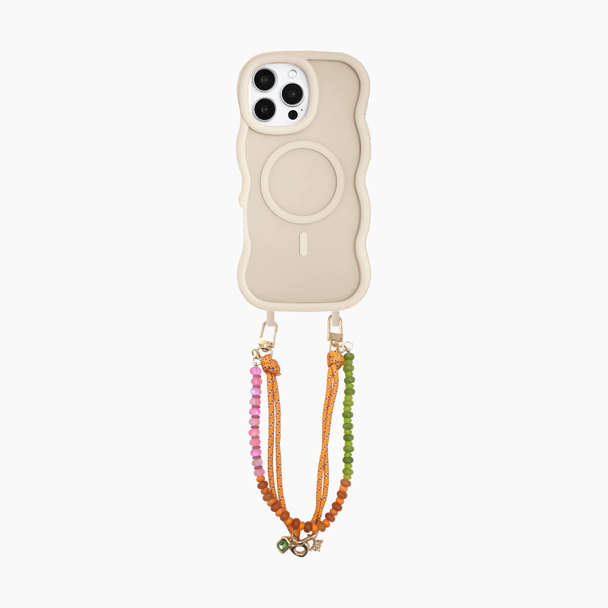 Beige wavy MagSafe phone case with attached colorful beaded wrist strap and orange rope charm details