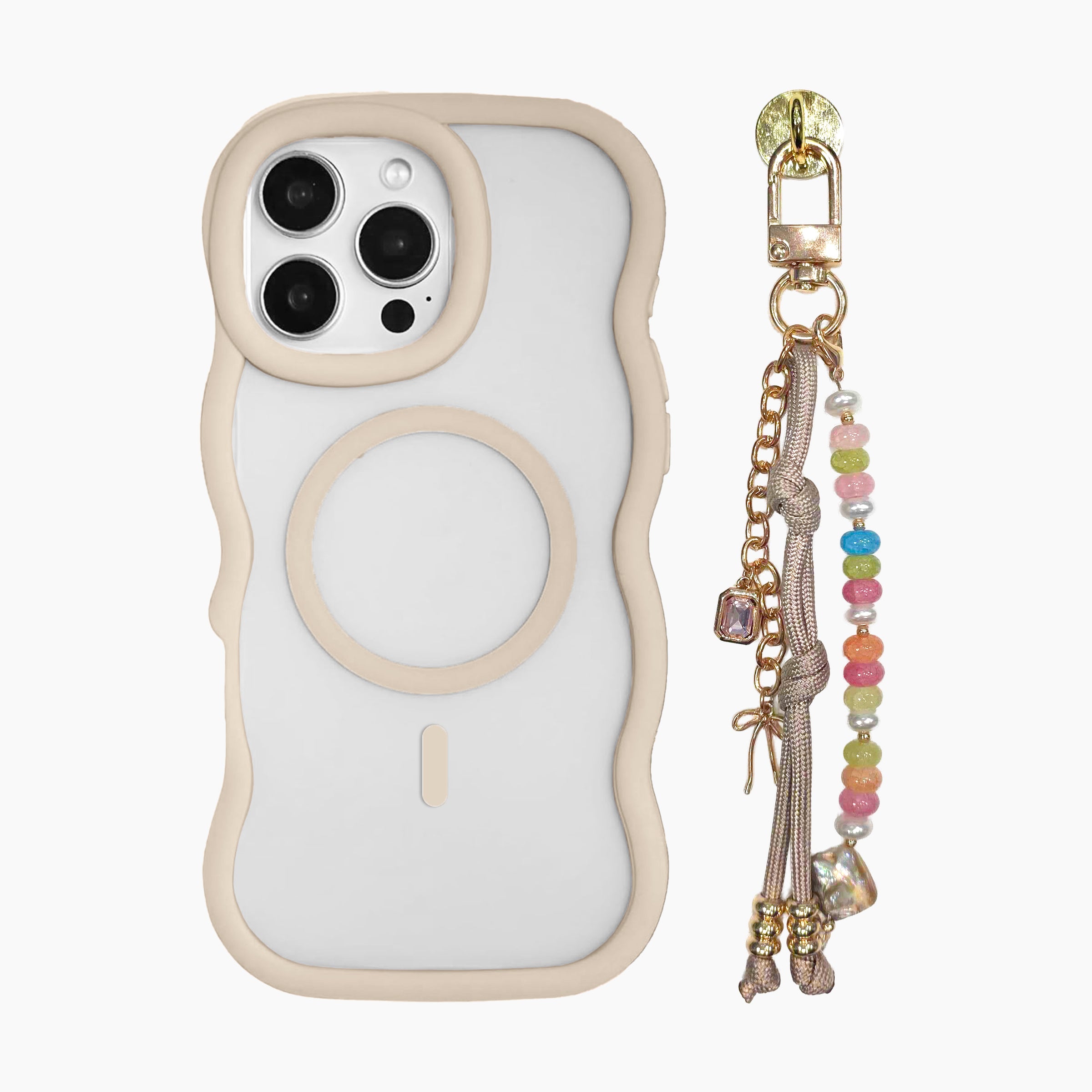 Beige wavy MagSafe phone case with colorful beaded charm strap and gold chain details for iphone16ProMax