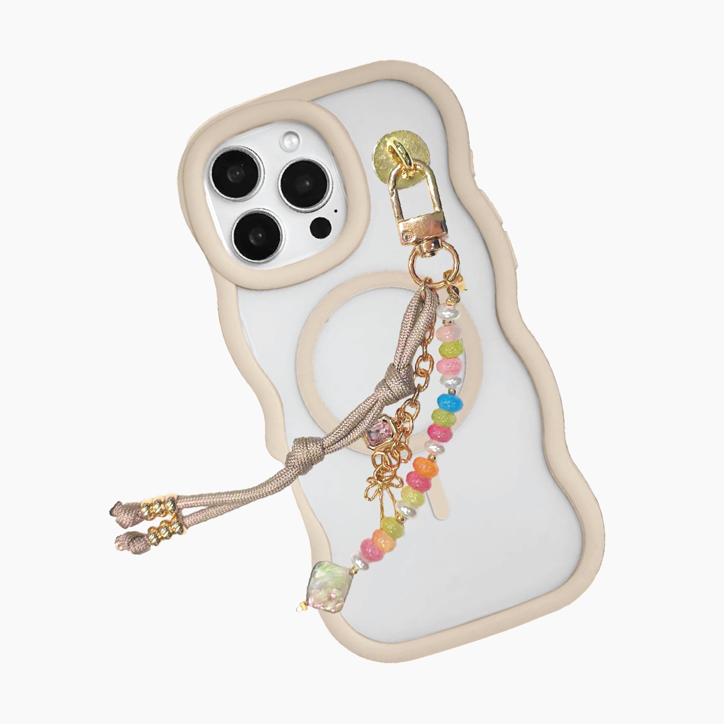 Beige wavy MagSafe phone case with attached colorful beaded charm strap and gold chain details for iphone16ProMax