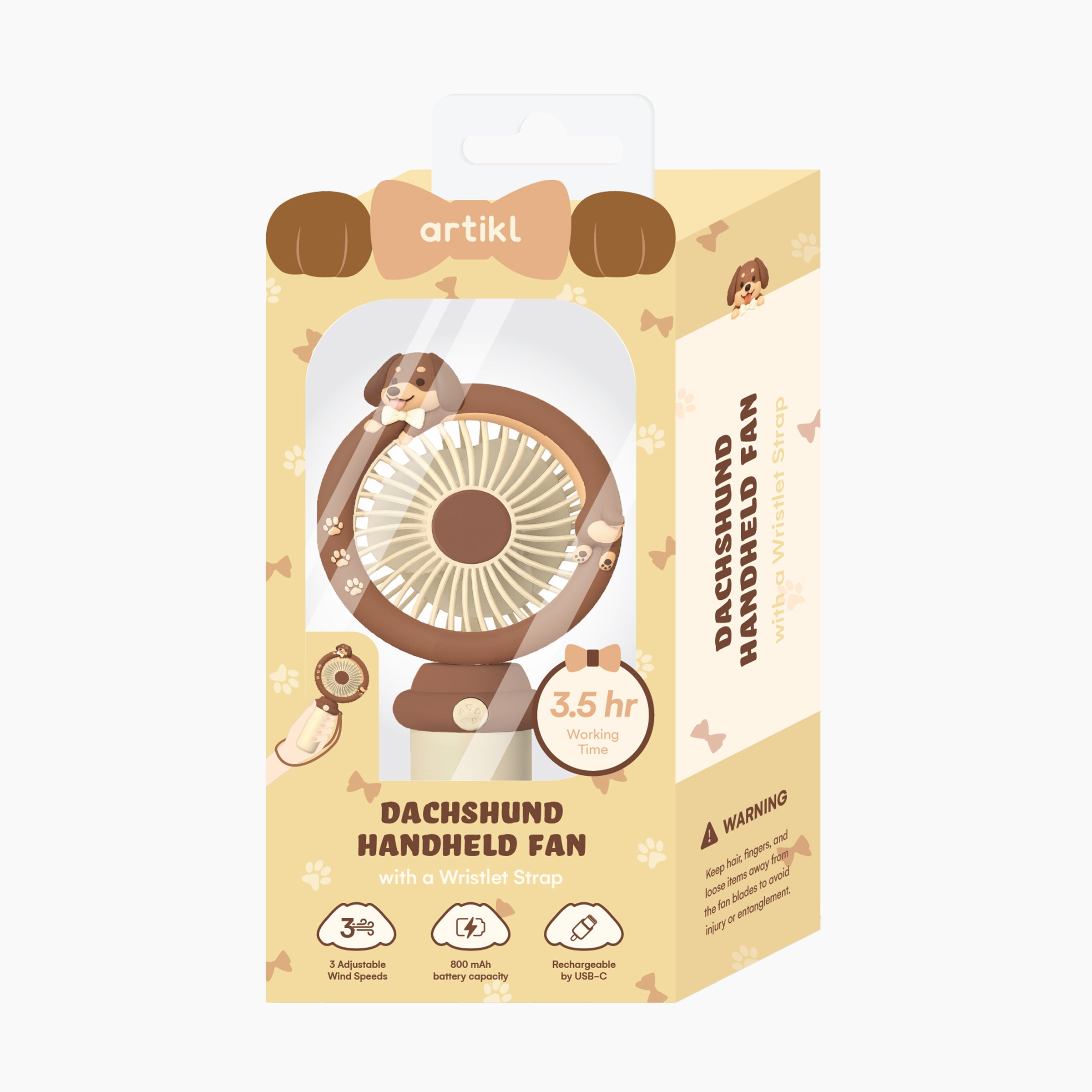 Dachshund Handheld Fan with Wristlet Strap packaging featuring 3.5 hour working time, 3 adjustable wind speeds, 800 mAh battery capacity, and USB-C rechargeable
