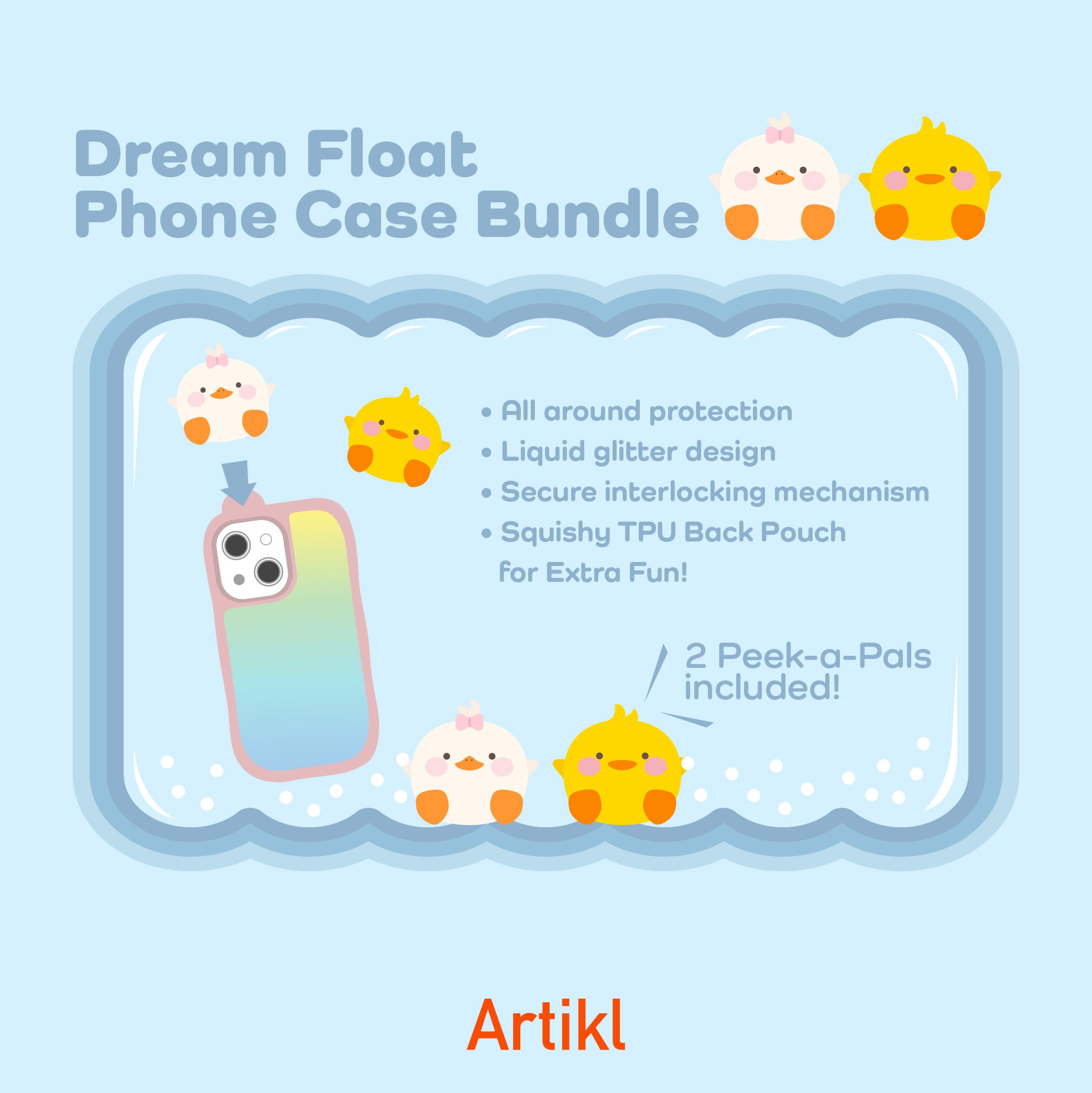 Dream Float Phone Case Bundle with cartoon characters and product features on a light blue background.