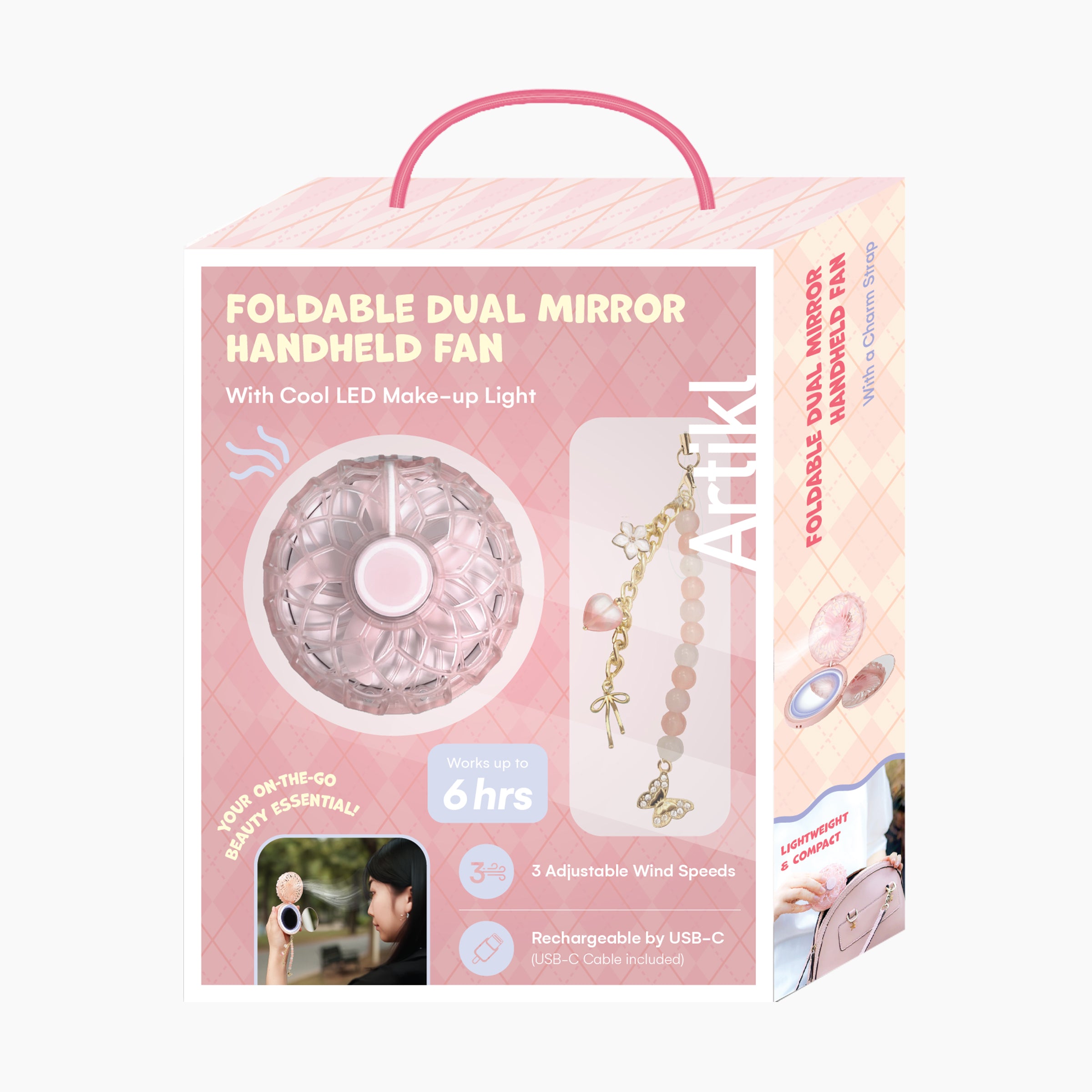 Foldable Dual Mirror Handheld Fan packaging featuring Cool LED Make-up Light, 6 hour battery life, 3 adjustable wind speeds, and USB-C rechargeable charm strap