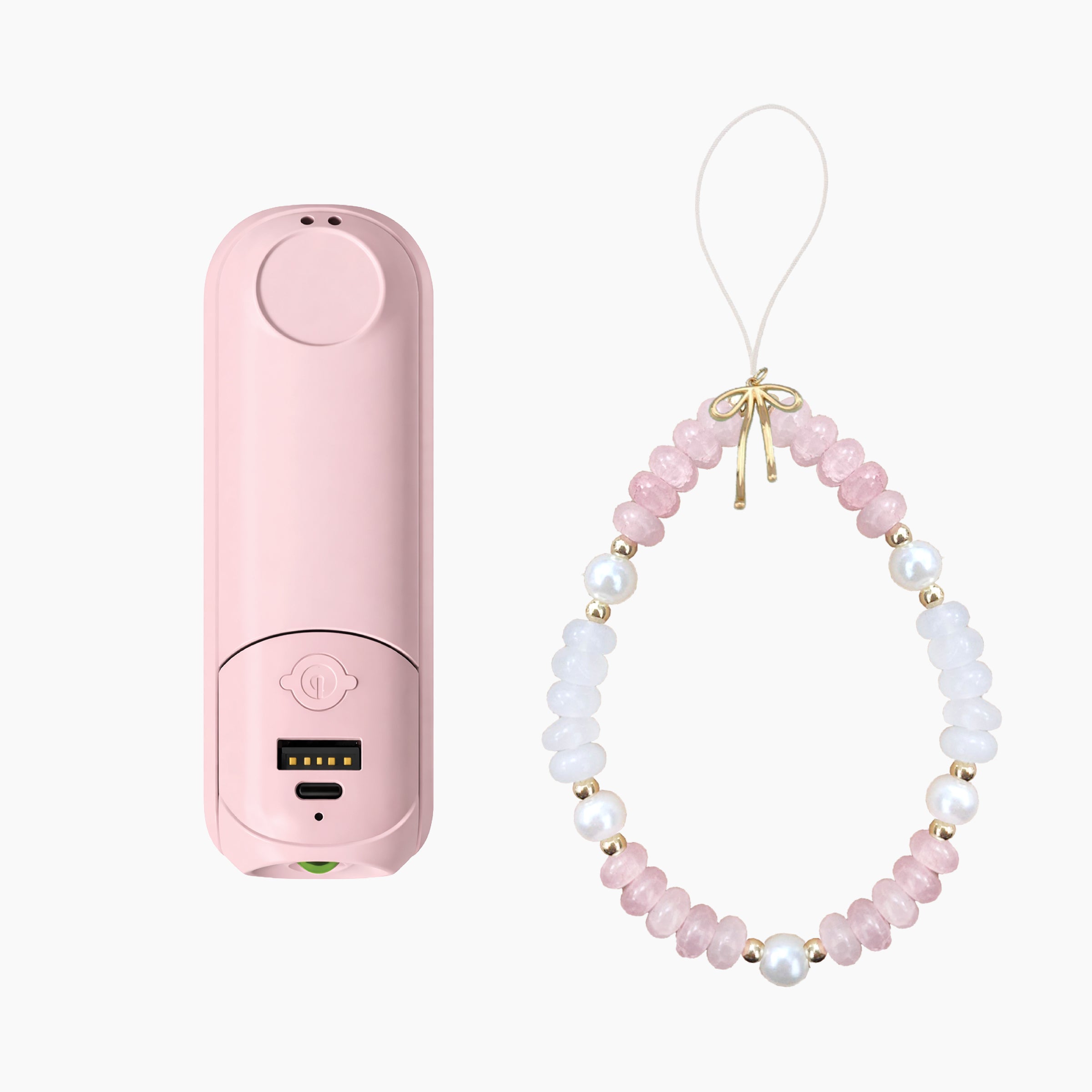 Foldable Handheld Fan with Mirror, LED Light & Portable Charger package contents featuring the pink power bank body and beaded wristlet charm with pearl and flower accents