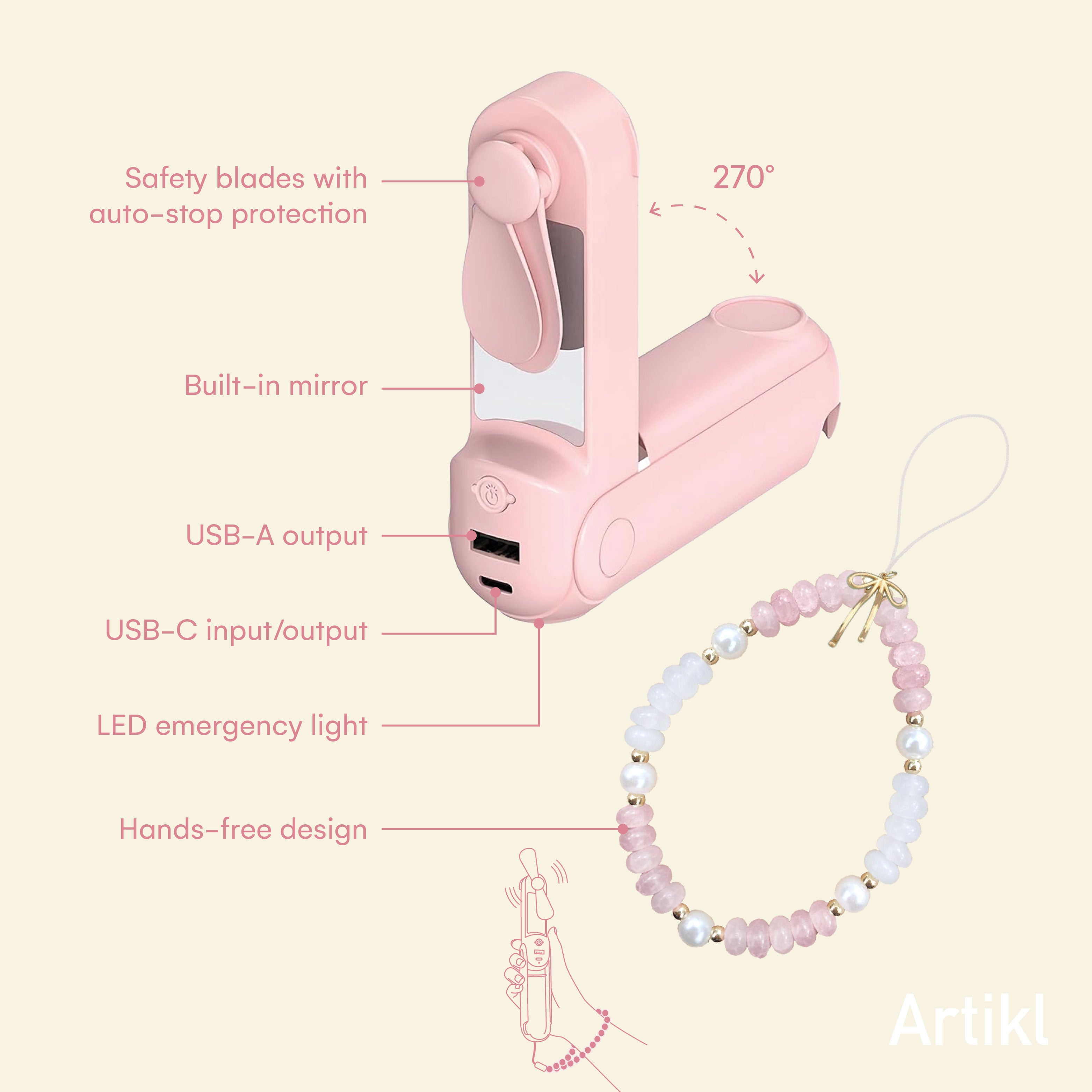 Foldable Handheld Fan with Mirror, LED Light & Portable Charger feature guide featuring safety blades with auto-stop protection, 270 degree rotation, built-in mirror, USB-A and USB-C ports, LED emergency light, and hands-free design