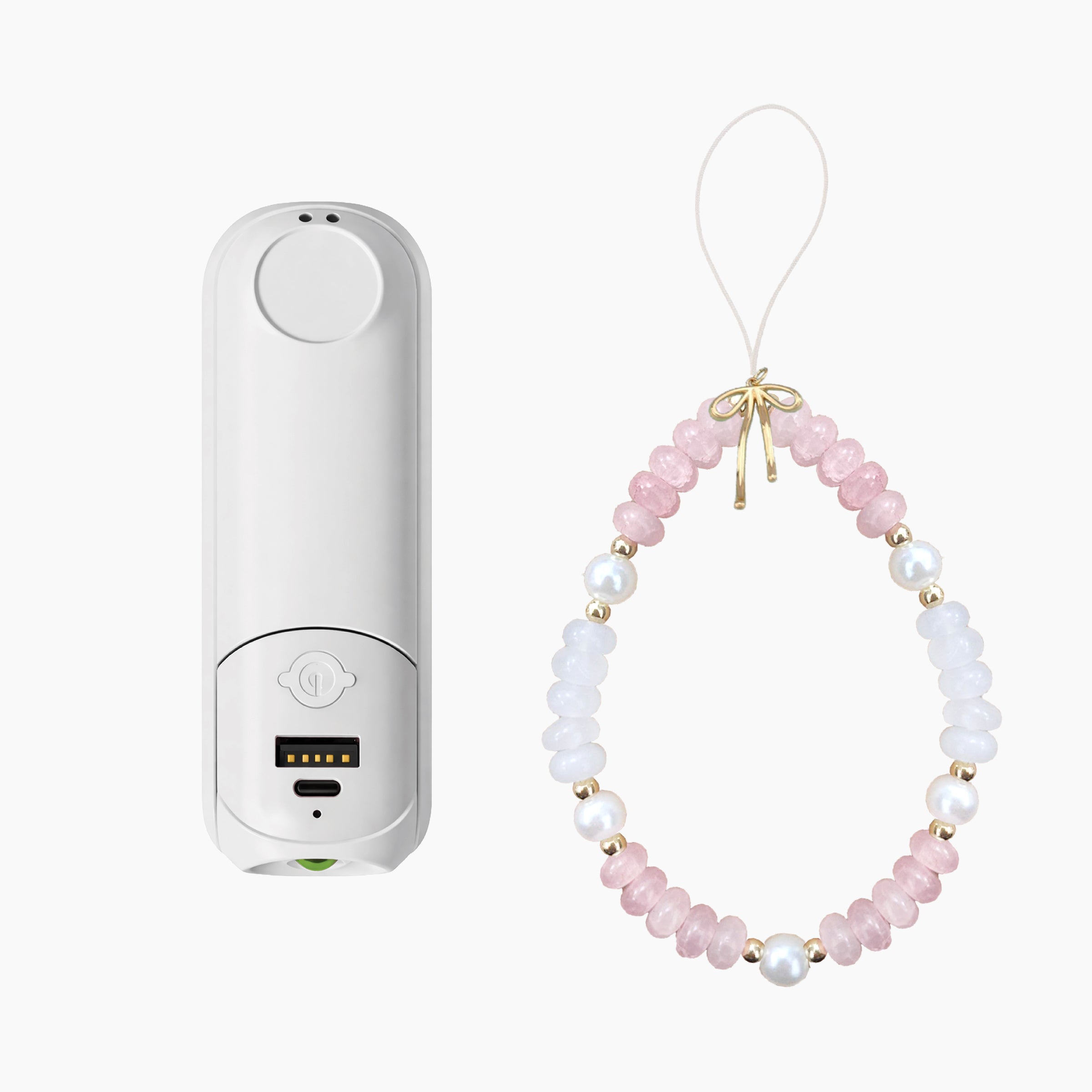 Foldable Handheld Fan with Mirror, LED Light & Portable Charger package contents featuring the white power bank body and beaded wristlet charm with pearl and flower accents