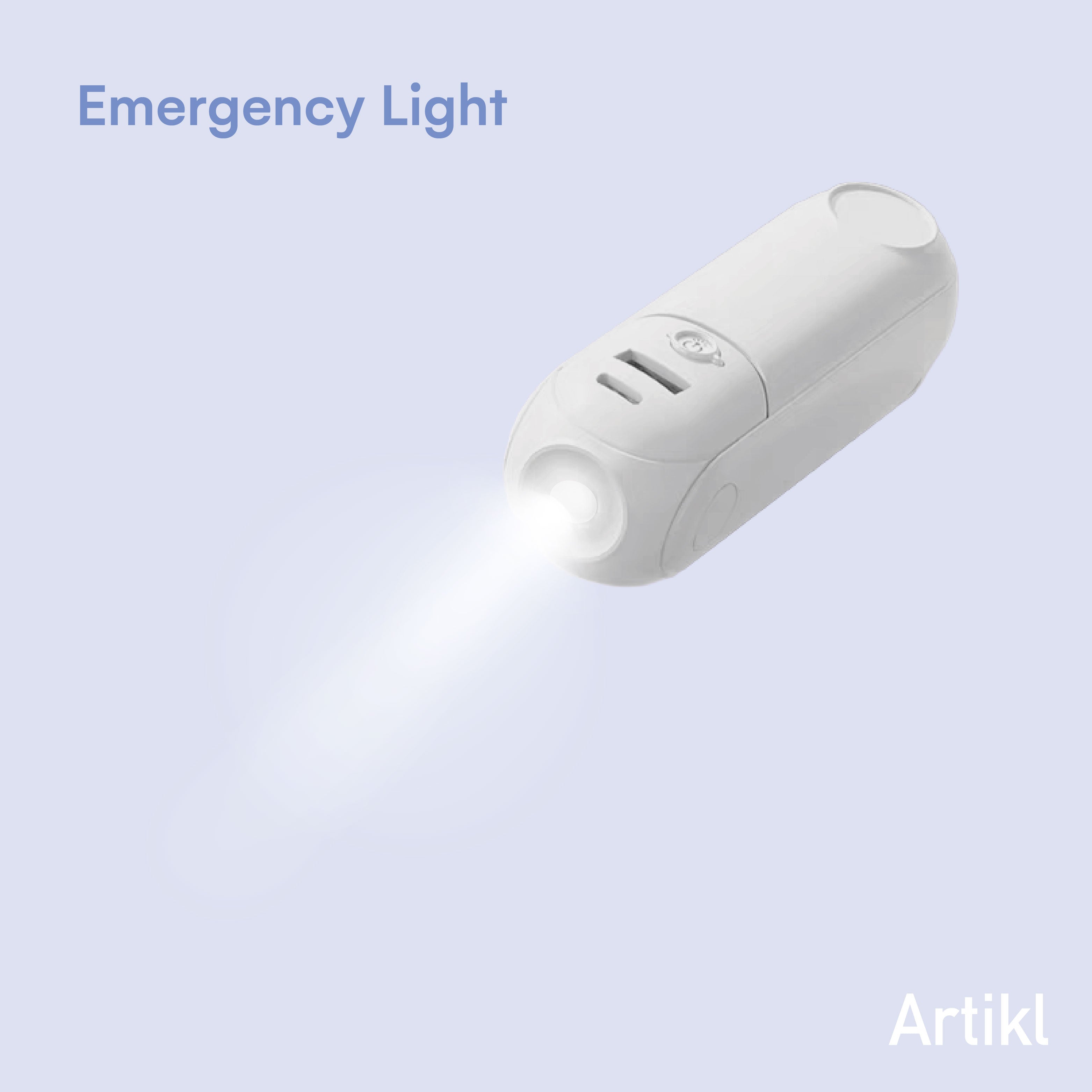 Foldable Handheld Fan with Portable Charger demonstrating the built-in LED emergency light shining a beam of light